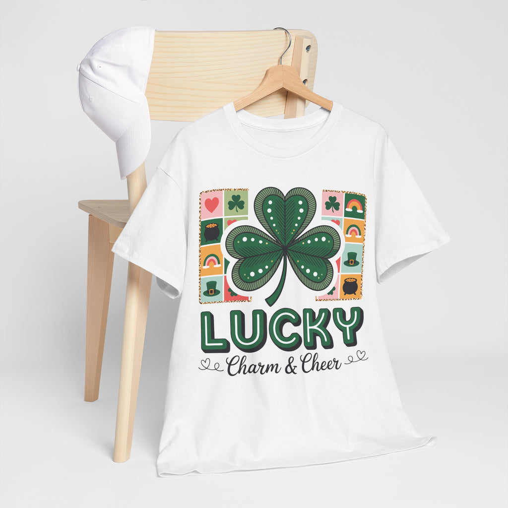 Lucky Charm & Cheer Clover Tee — Patchwork St. Patrick’s Day Unisex Cotton T-Shirt