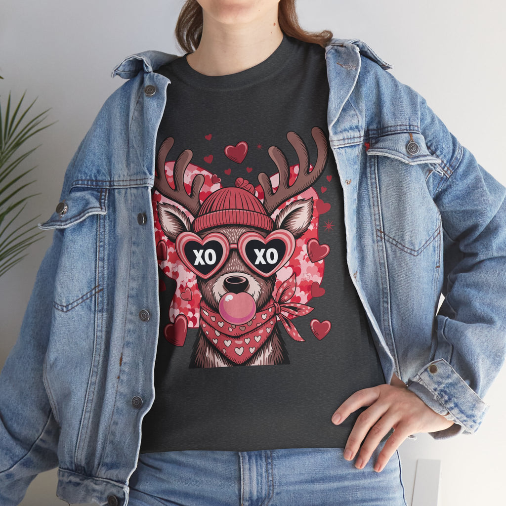 Valentine Deer Tee — Cute XO Heart Glasses, Beanie & Scarf Unisex Cotton Tshirt