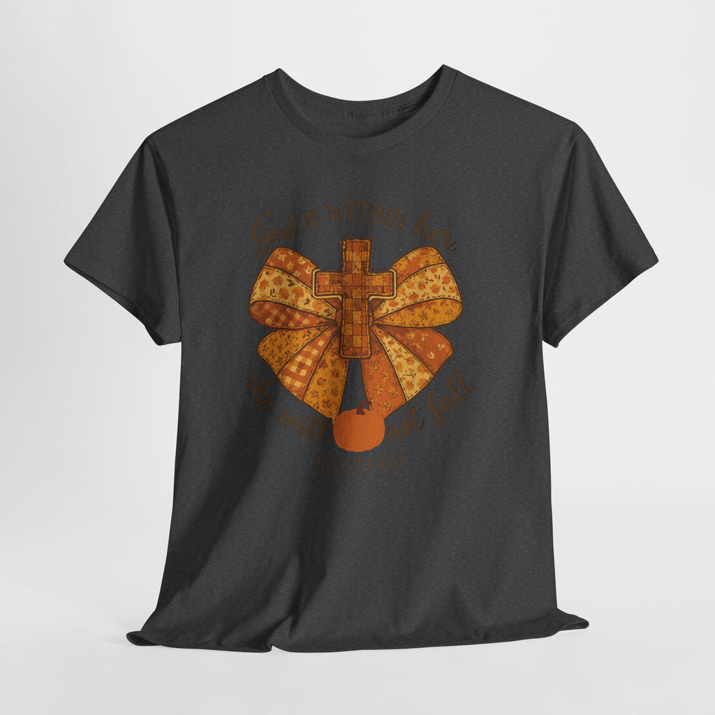 Psalm 46:5 Cross Patchwork Tee — Fall Bow Christian Unisex Cotton T-Shirt