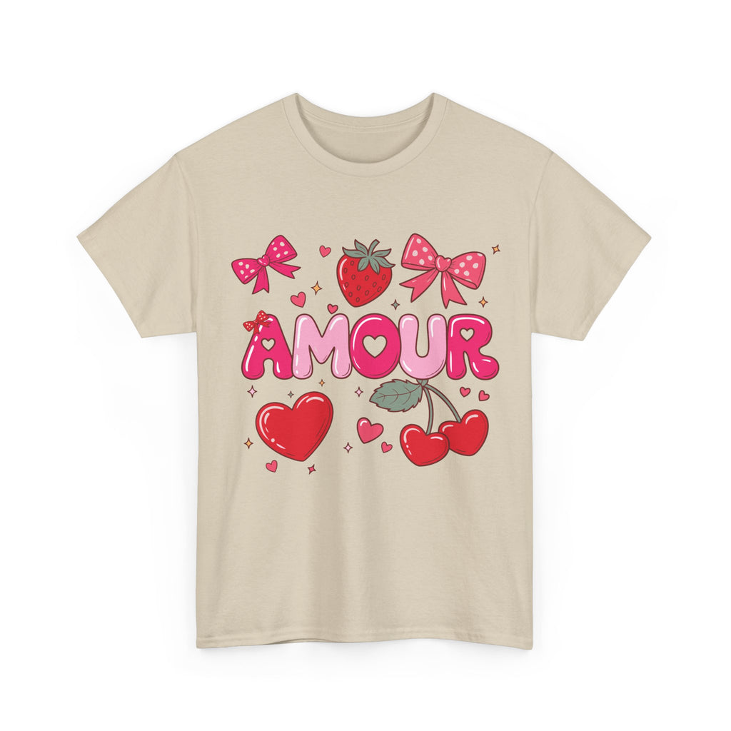 Amour Pink Hearts Tee — Shiny Lettering with Bows, Cherries & Strawberry Accent...Unisex Cotton Tee