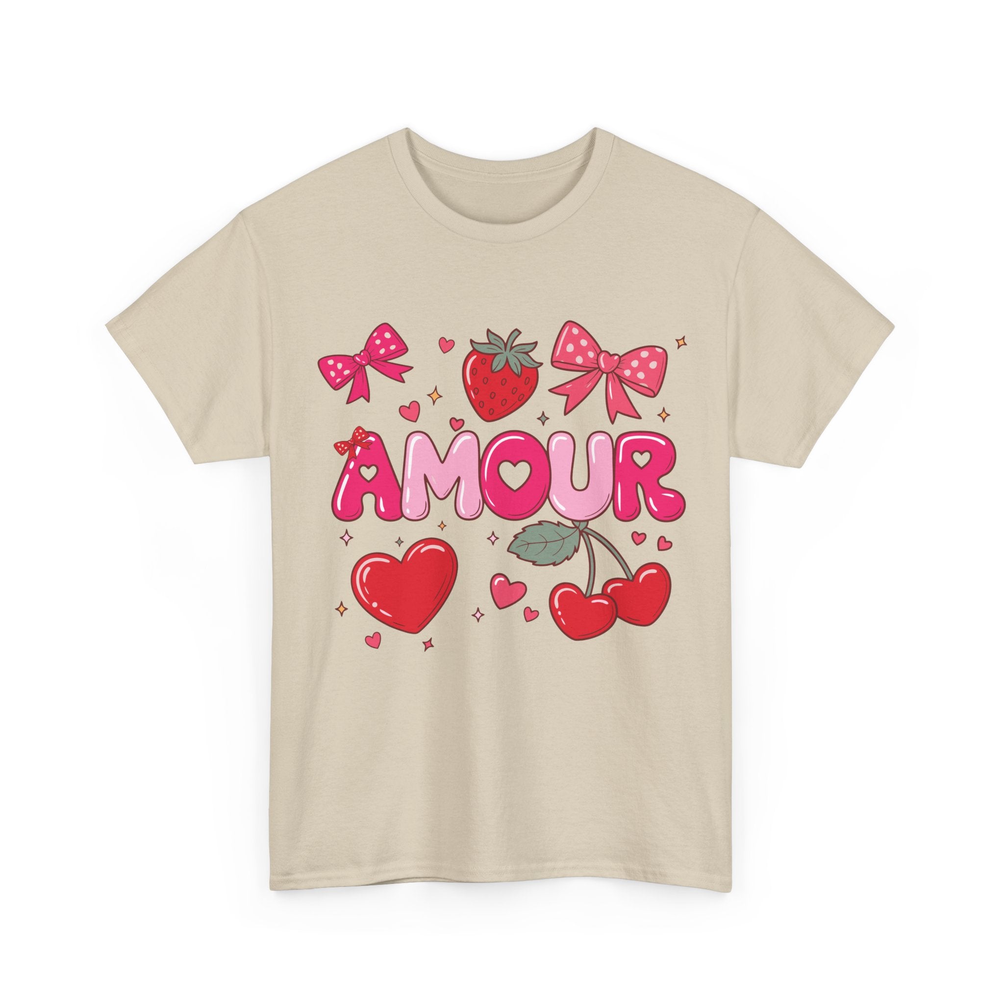 Amour Pink Hearts Tee — Shiny Lettering with Bows, Cherries & Strawberry Accent...Unisex Cotton Tee