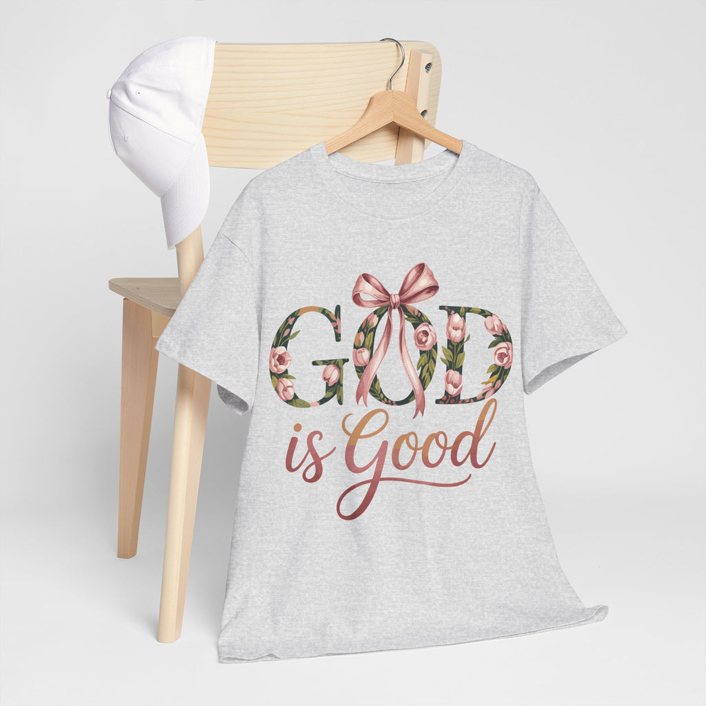 God Is Good Pink Rose Tee — Floral Ribbon Faith Unisex Cotton T-Shirt