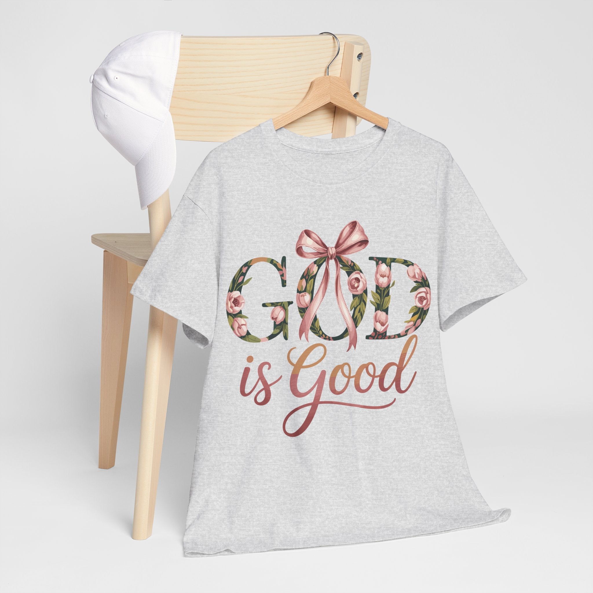 God Is Good Pink Rose Tee — Floral Ribbon Faith Unisex Cotton T-Shirt