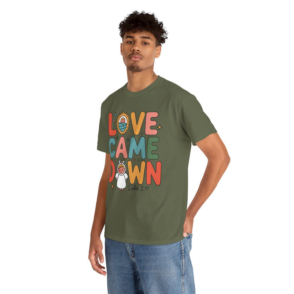Love Came Down Christmas Tee — Baby Jesus Manger Angel (Luke 2:11)..Unisex Cotton Tee