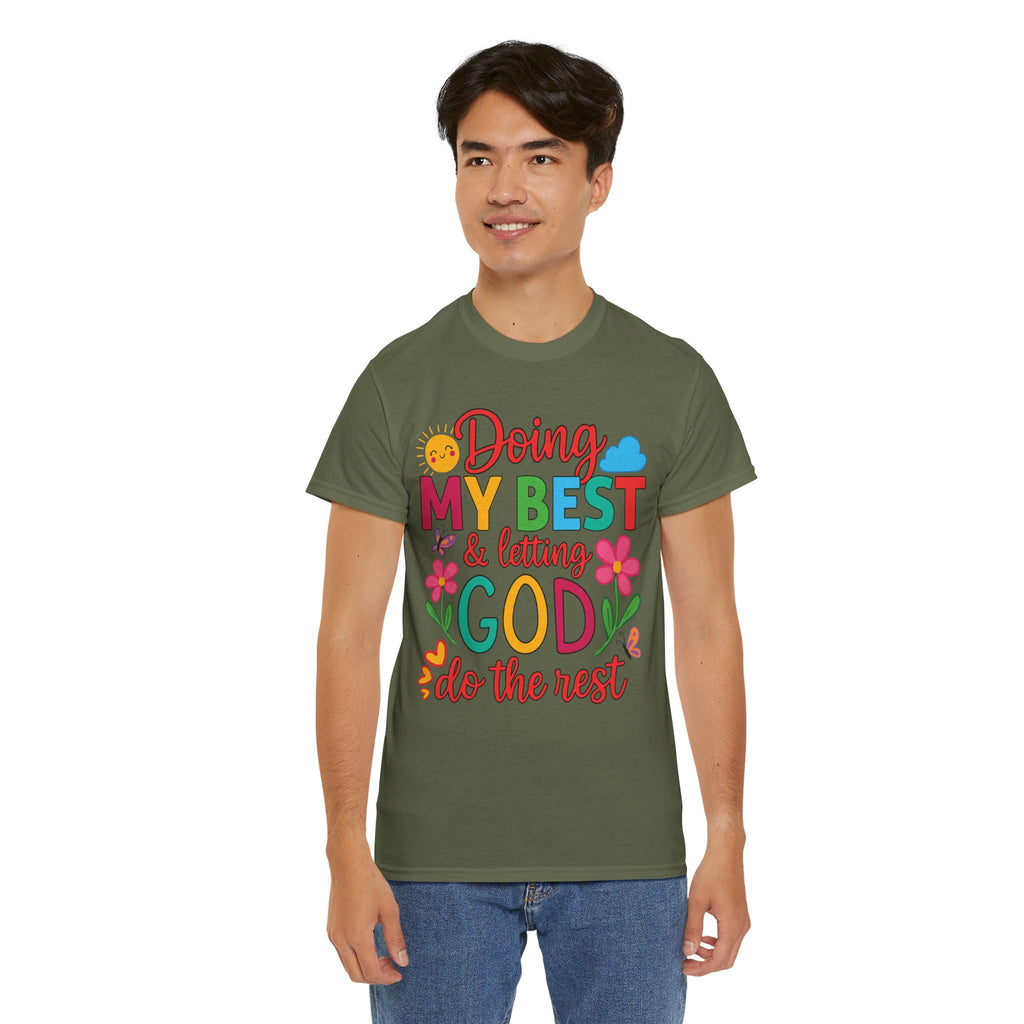 Doing My Best & Letting God Do The Rest T-Shirt — Floral Sun & Butterflies Inspirational Unisex Cotton Tee