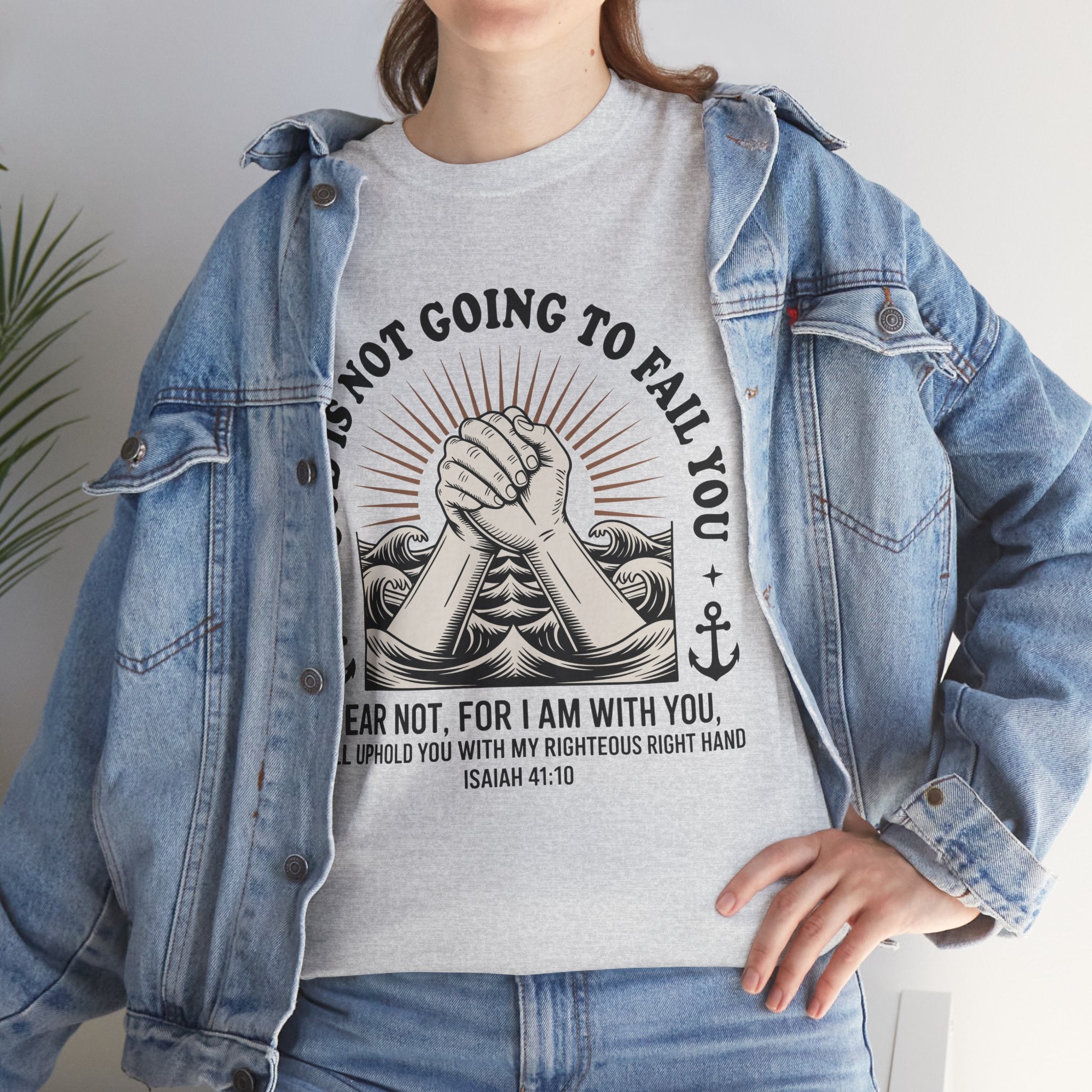 Isaiah 41:10 "Fear Not, For I Am With You" T-Shirt — Clasped Hands Rising from Waves Christian Unisex Cotton Tee
