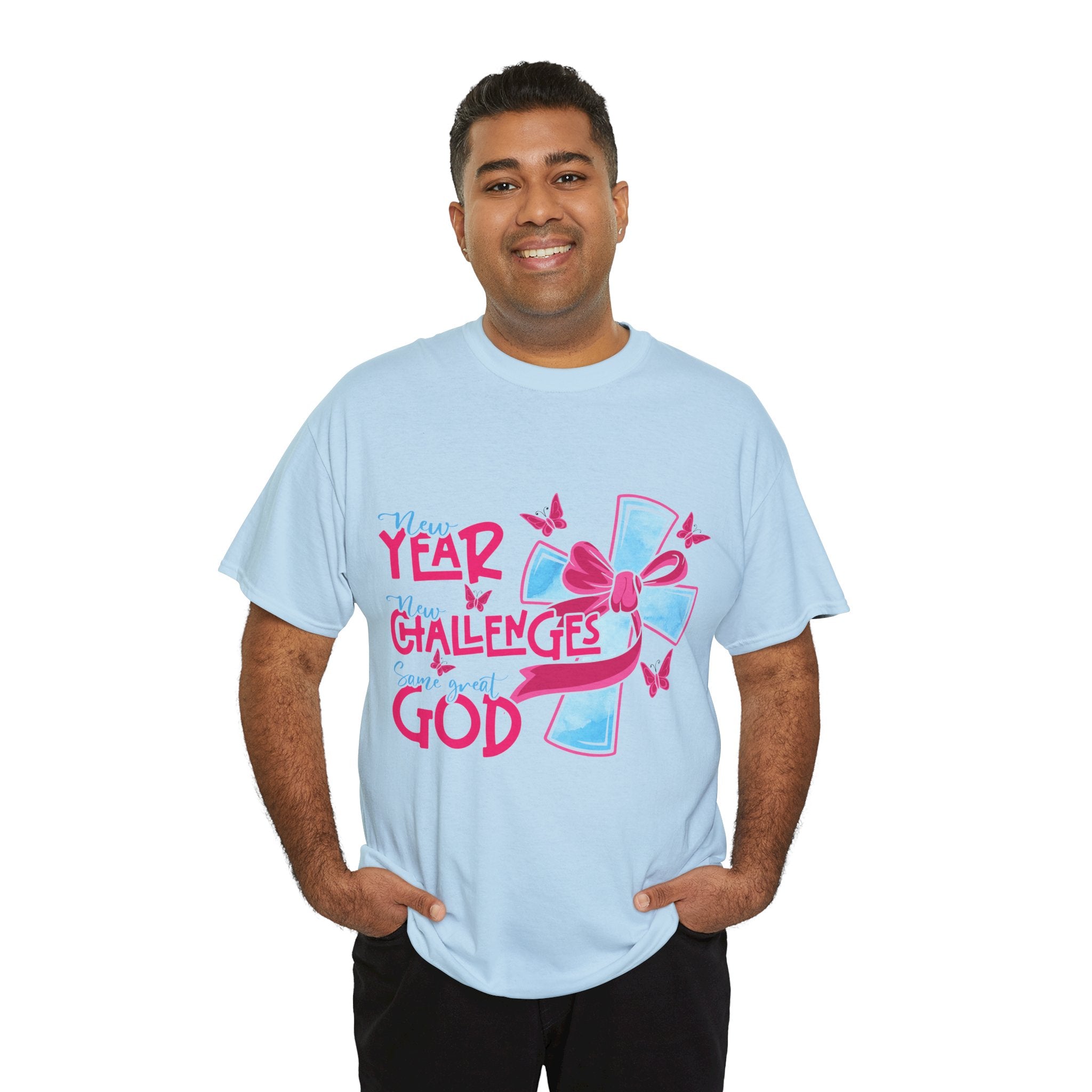 Christian T-Shirt — “New Year, New Challenges, Same Great God” with Pink Bow Cross & Butterflies. Unisex Cotton Tee