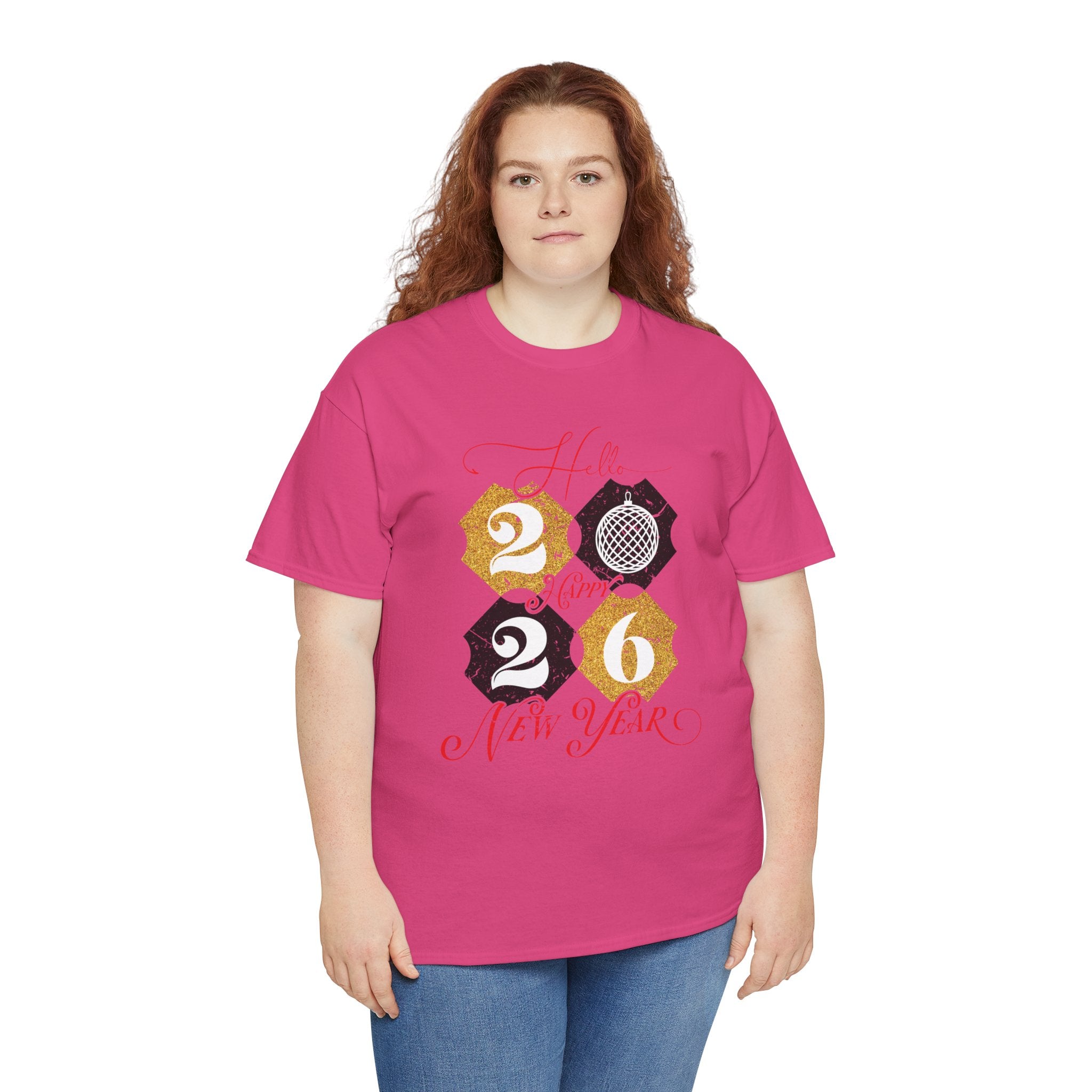 2026 Happy New Year Pink Varsity Tee — Fireworks Party Graphic.Unisex Cotton Tee