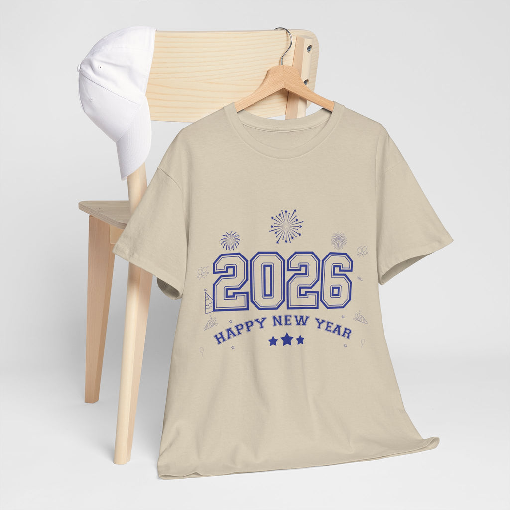 Happy New Year 2026 Varsity Tee — Fireworks & Confetti Celebration Unisex Cotton Tee
