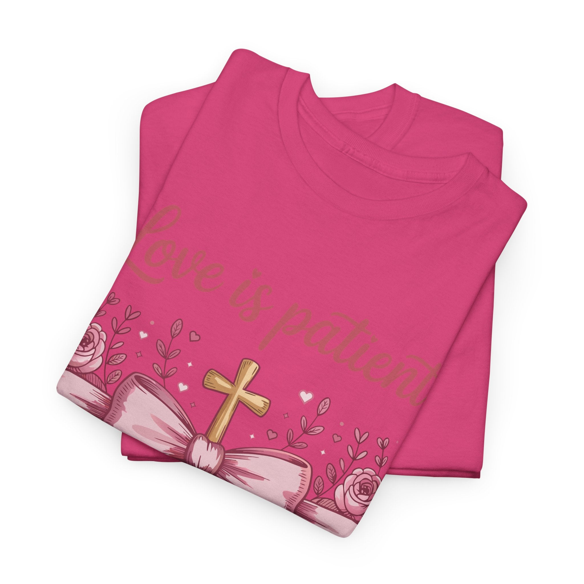 Christian Floral Tee — "Love is Patient, Love is Kind" Pink Rose Cross. Unisex Cotton Tee