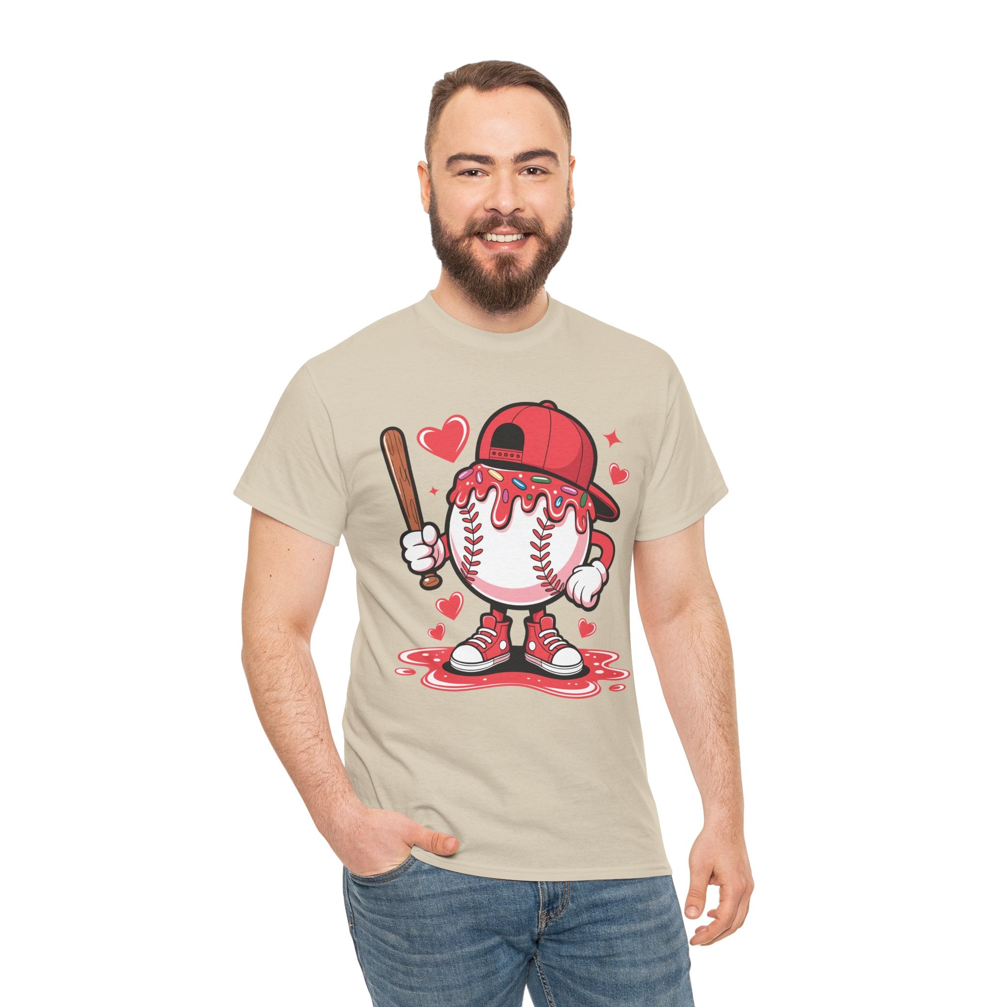Cute Baseball Character T-Shirt — Red Cap & Icing Top Graphic with Hearts Unisex Cotton Tee