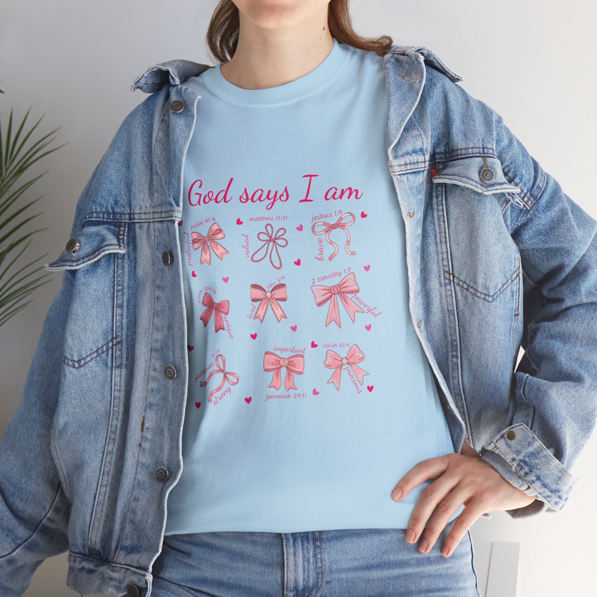God Says I Am Christian Tee — Pink Affirmation T-Shirt with Bible Verse Bows.Unisex Cotton Tee