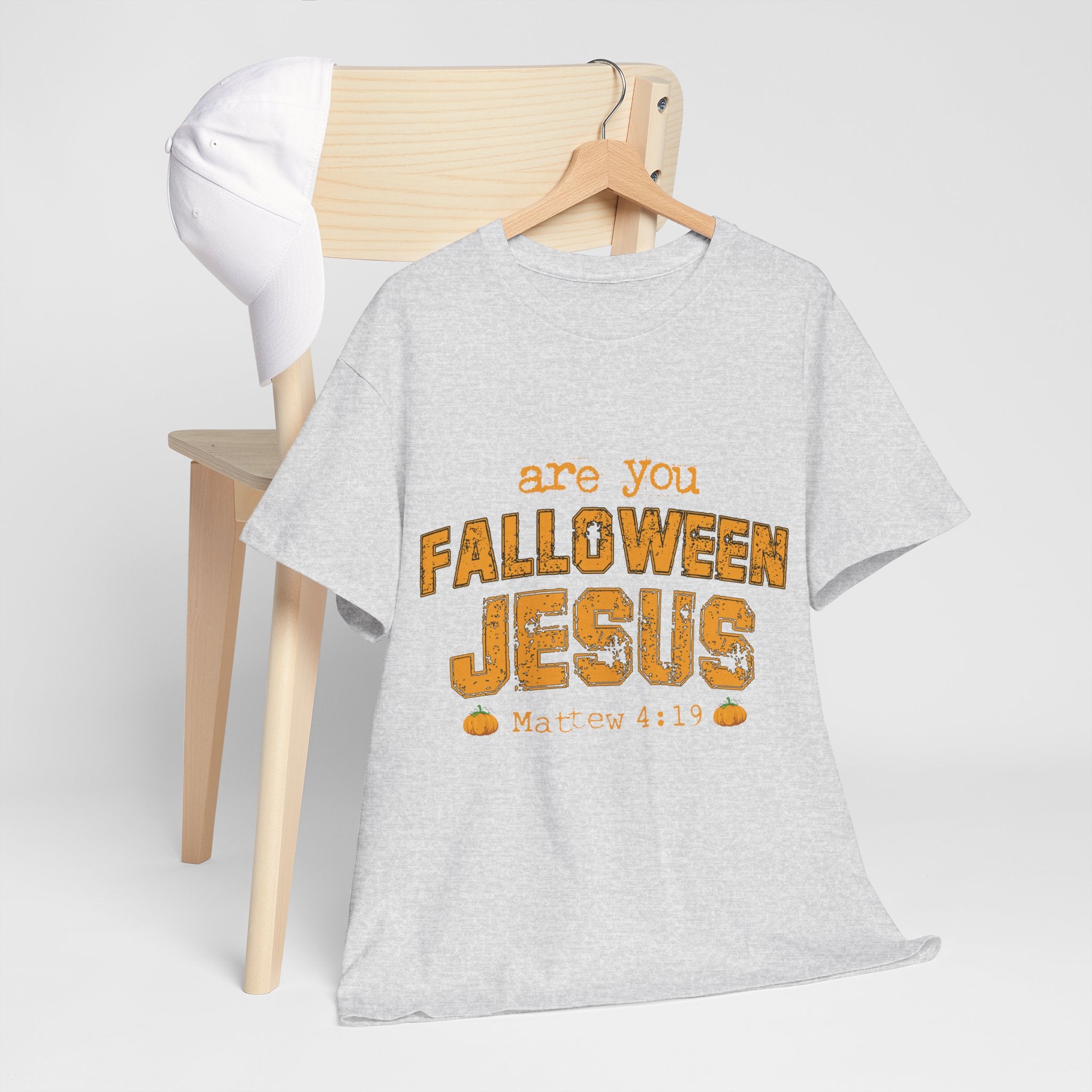 Christian Halloween T-Shirt — “Are You Falloween Jesus? Matthew 4:19” Distressed Pumpkin Design. Unisex Cotton Tee
