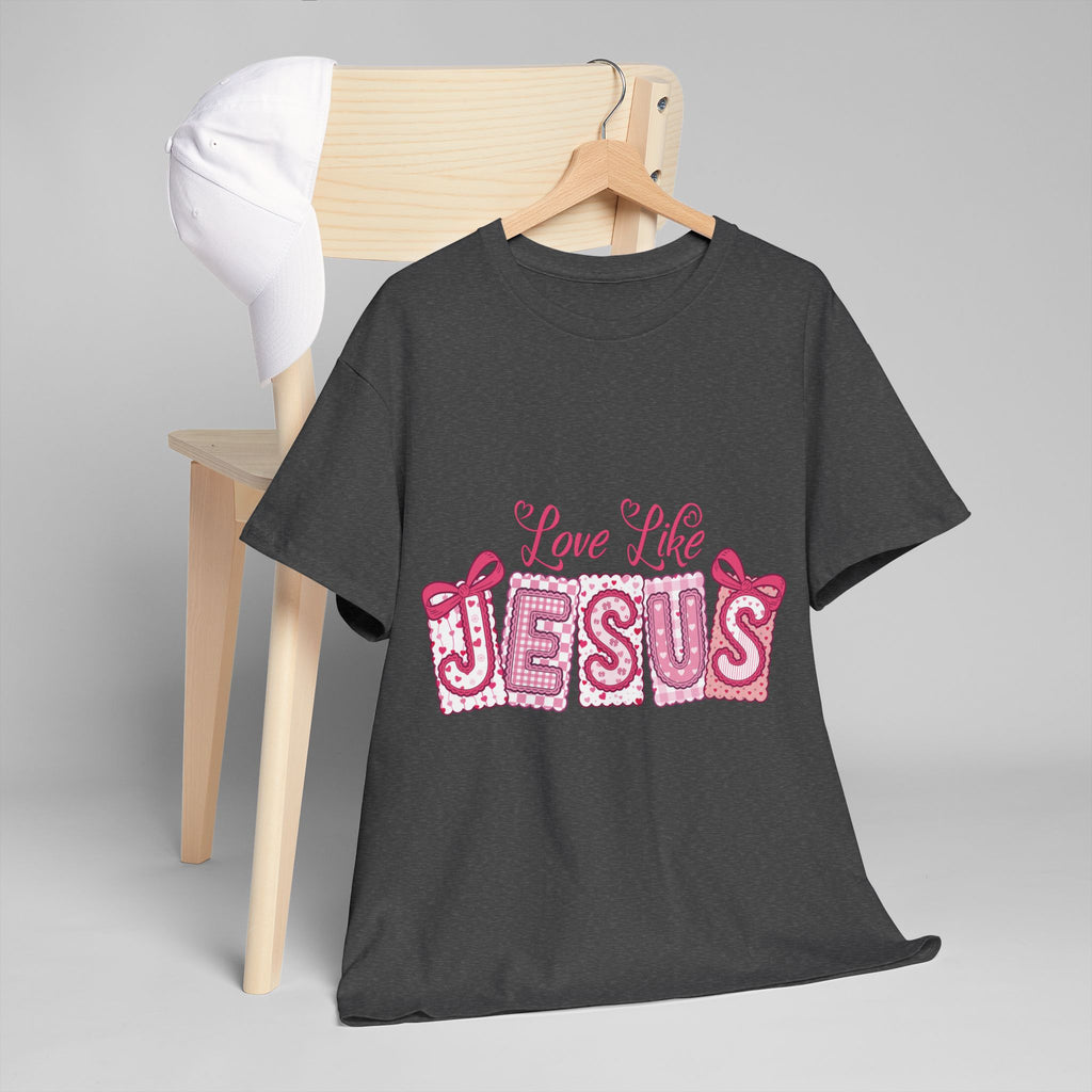 Love Like Jesus Patchwork Tee — Pink Stitched Heart Graphic.Unisex Cotton Tee