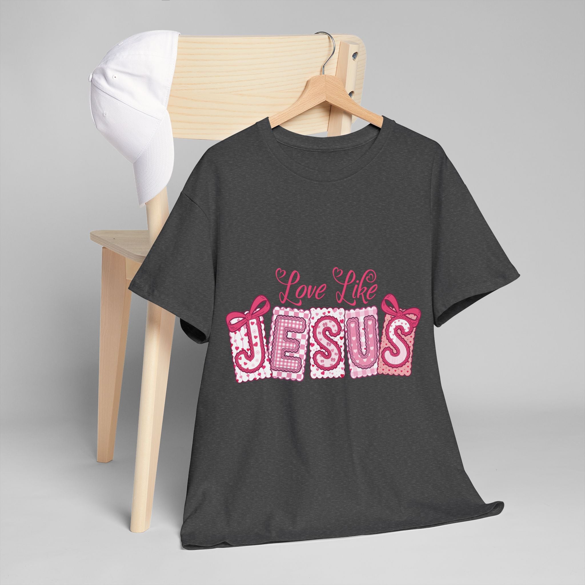 Love Like Jesus Patchwork Tee — Pink Stitched Heart Graphic.Unisex Cotton Tee