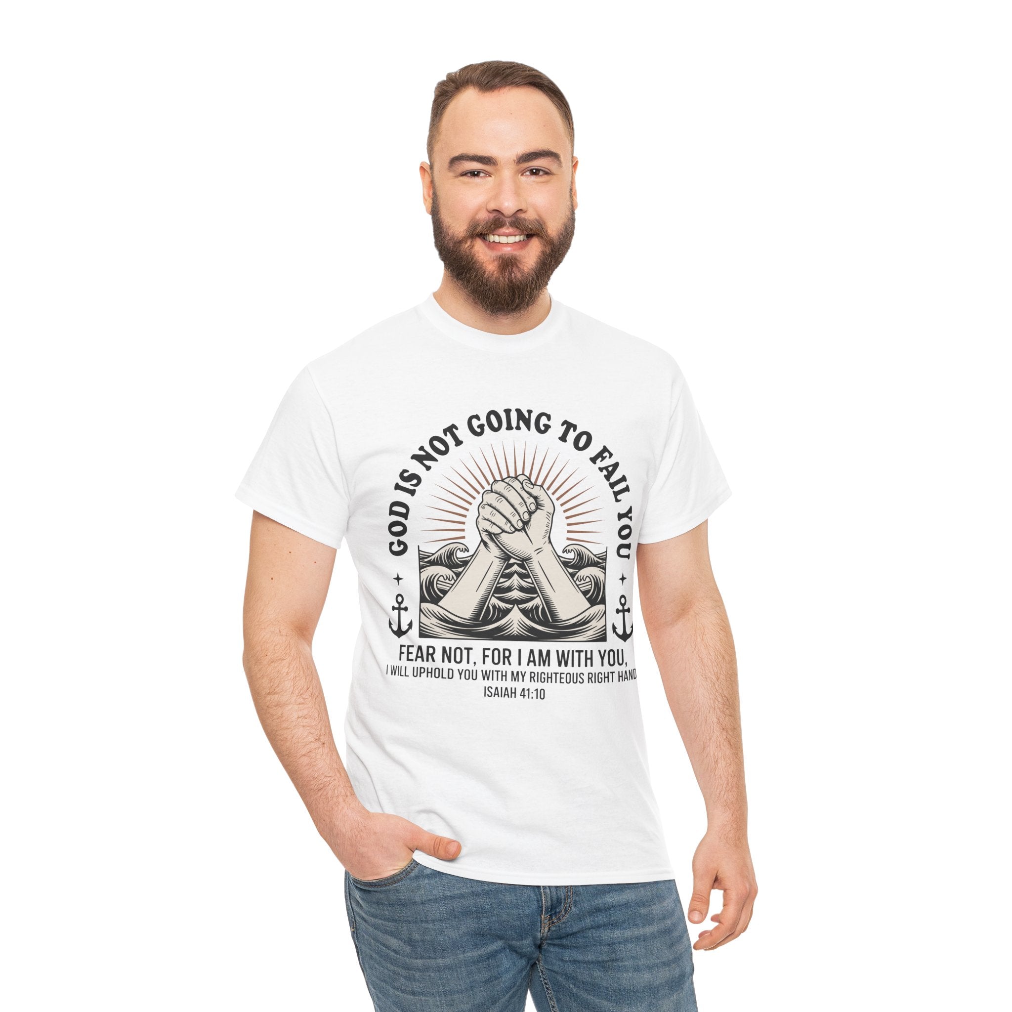 Isaiah 41:10 "Fear Not, For I Am With You" T-Shirt — Clasped Hands Rising from Waves Christian Unisex Cotton Tee