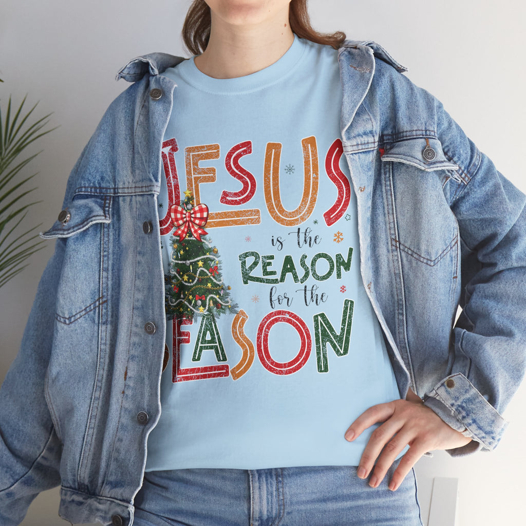Jesus Is the Reason for the Season Christmas T-Shirt — Plaid Bow Tree..Unisex Cotton Tee