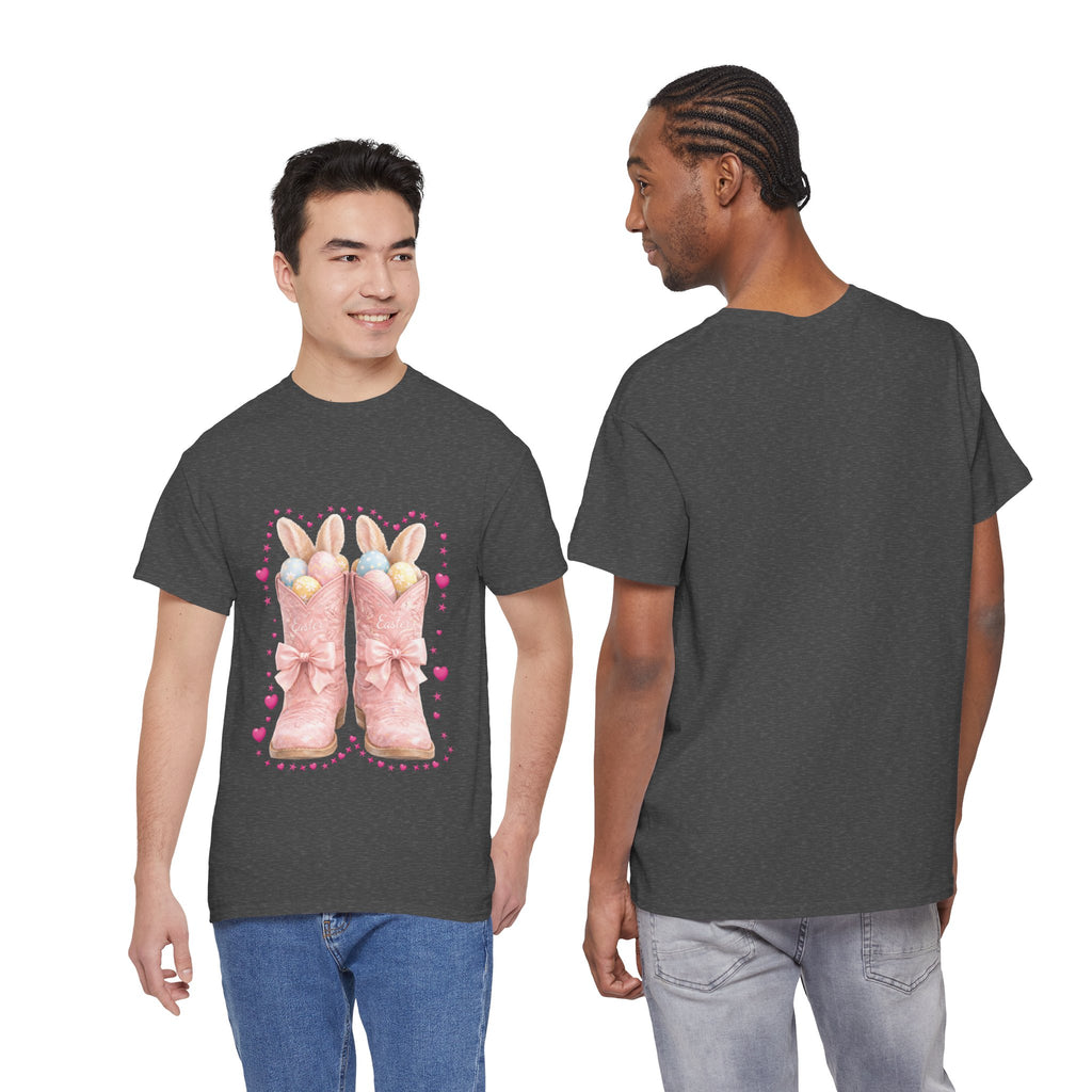 Easter Pink Western Boots Tee — Pastel Bunny Eggs & Bows Unisex Cotton Tee