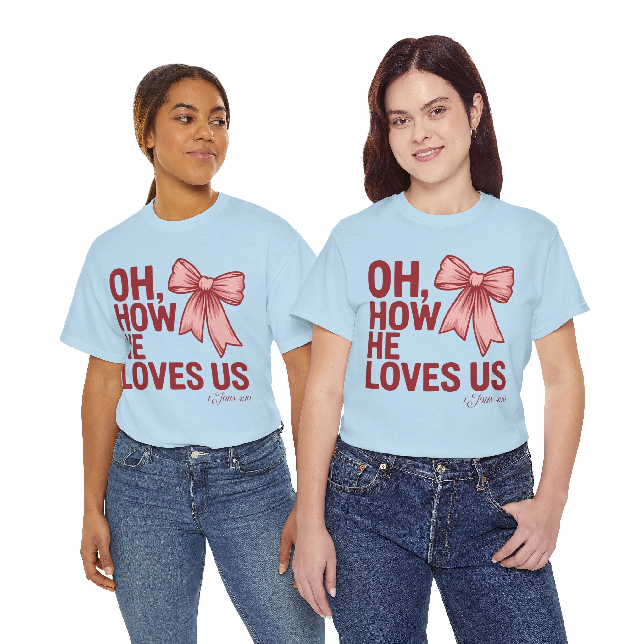 Oh, How He Loves Us Christian Valentine Tee — 1 John 4:10 Red & Pink Unisex Cotton Tee