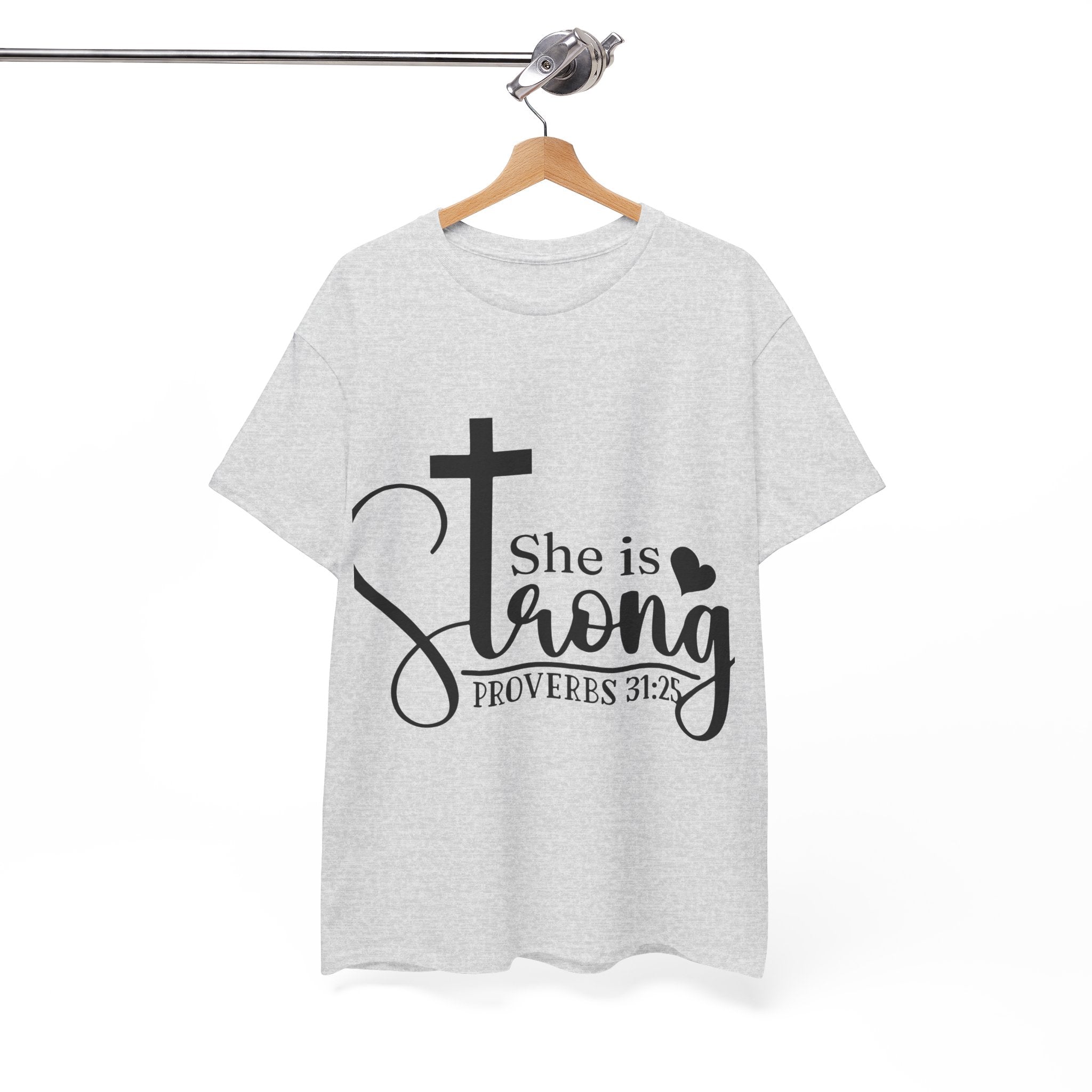 Proverbs 31:25 'She is Strong' T-Shirt – Christian Cross & Heart Unisex Cotton Tee