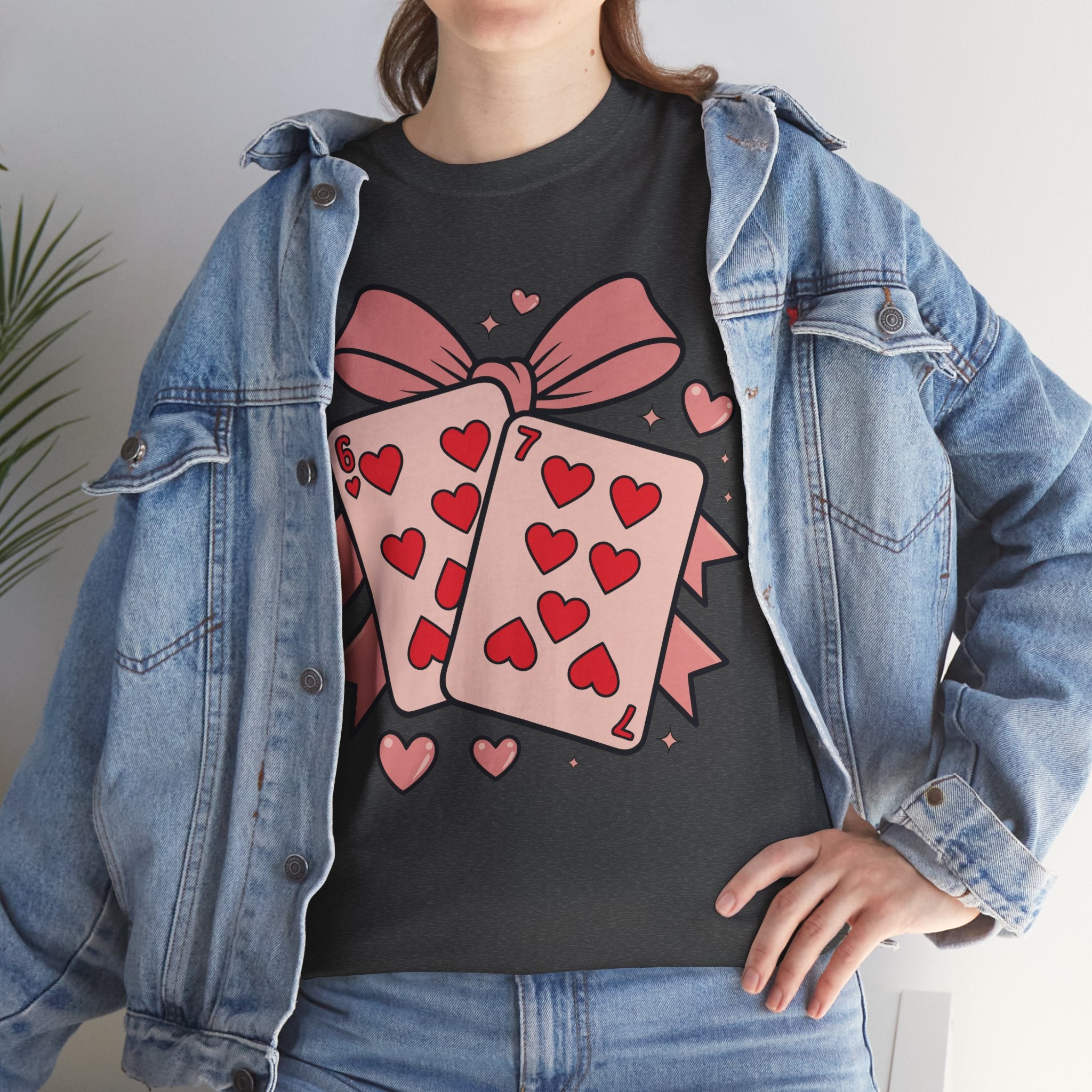 6 & 7 of Hearts T-Shirt — Paired Playing Cards with Pink Bow Unisex Cotton Tee