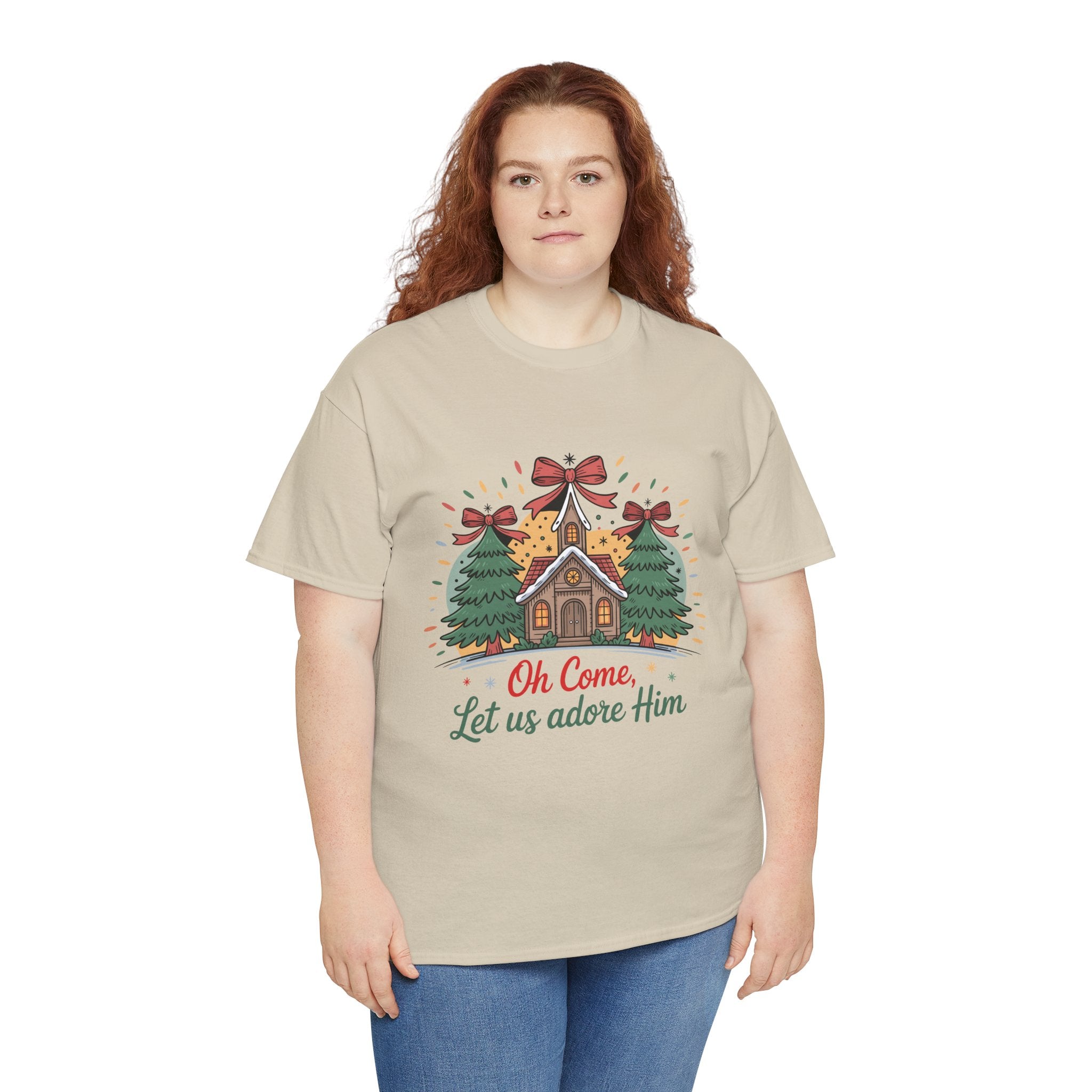 Oh Come Let Us Adore Him Christmas Tee — Church & Trees Holiday Unisex Cotton Tshirt