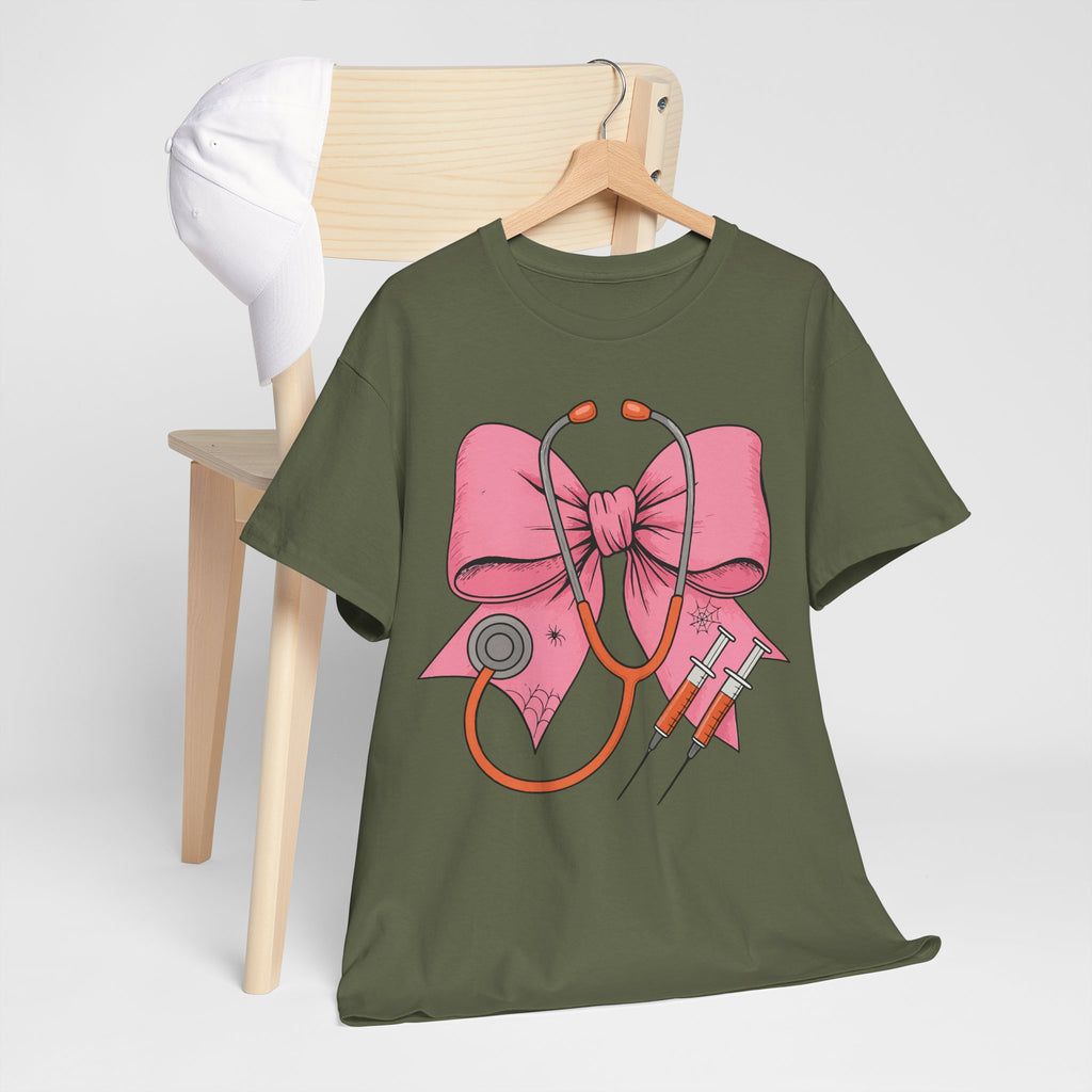 Halloween Nurse T‑Shirt — Pink Nurse Bow with Stethoscope, Syringes & Spider Webs..Unisex Cotton Tee