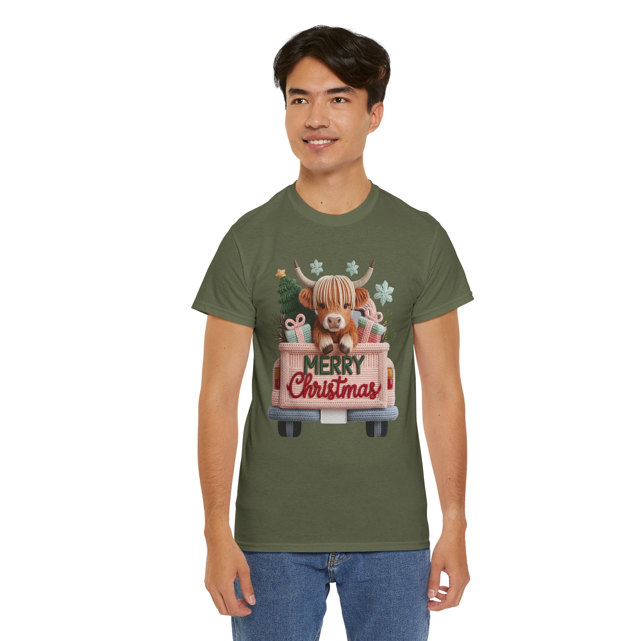 Merry Christmas Highland Cow Knit Truck Unisex Cotton T-Shirt