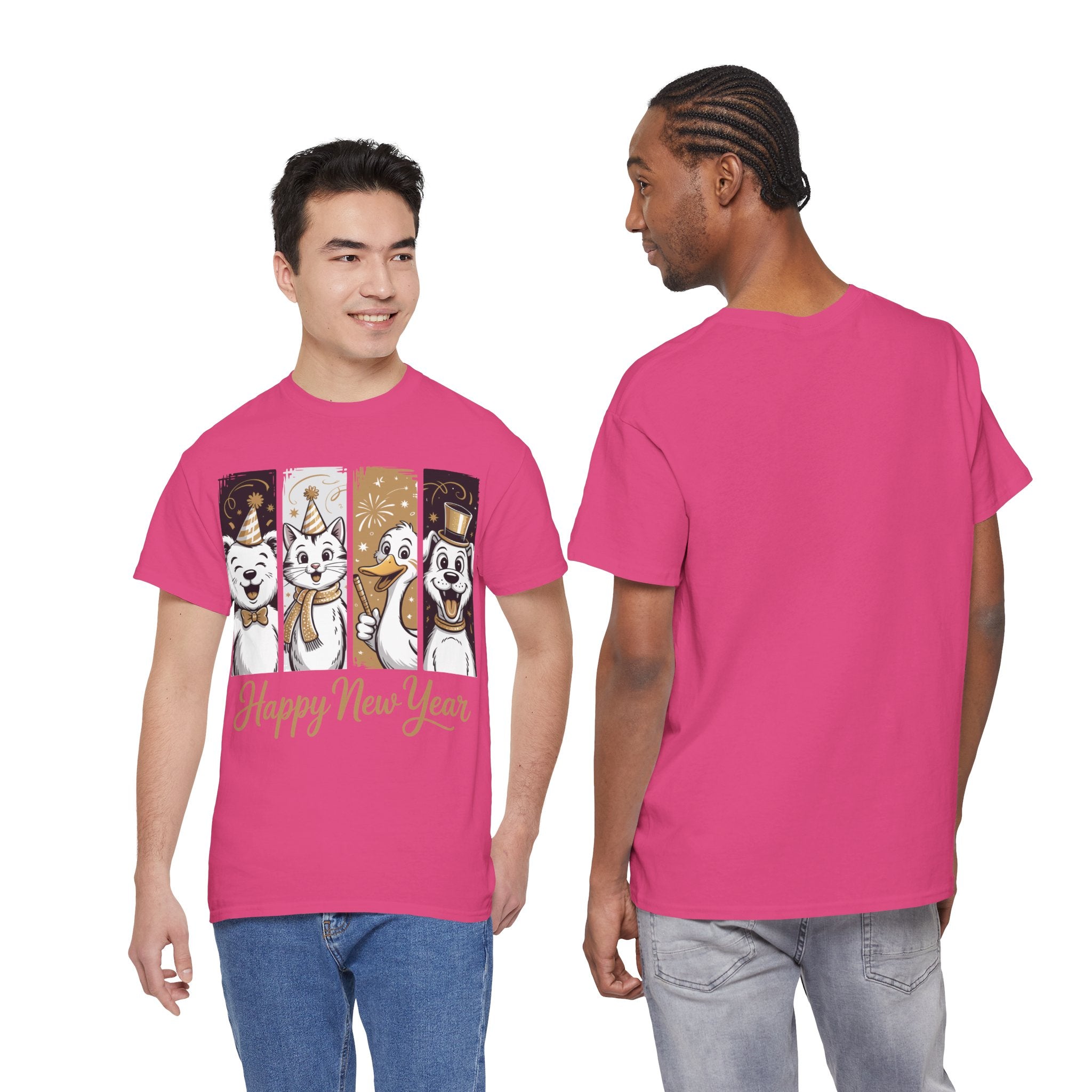 Happy New Year Party Animals T-Shirt — Cute Smiling Animals in Party Hats & Gold Fireworks..Unisex Cotton Tee