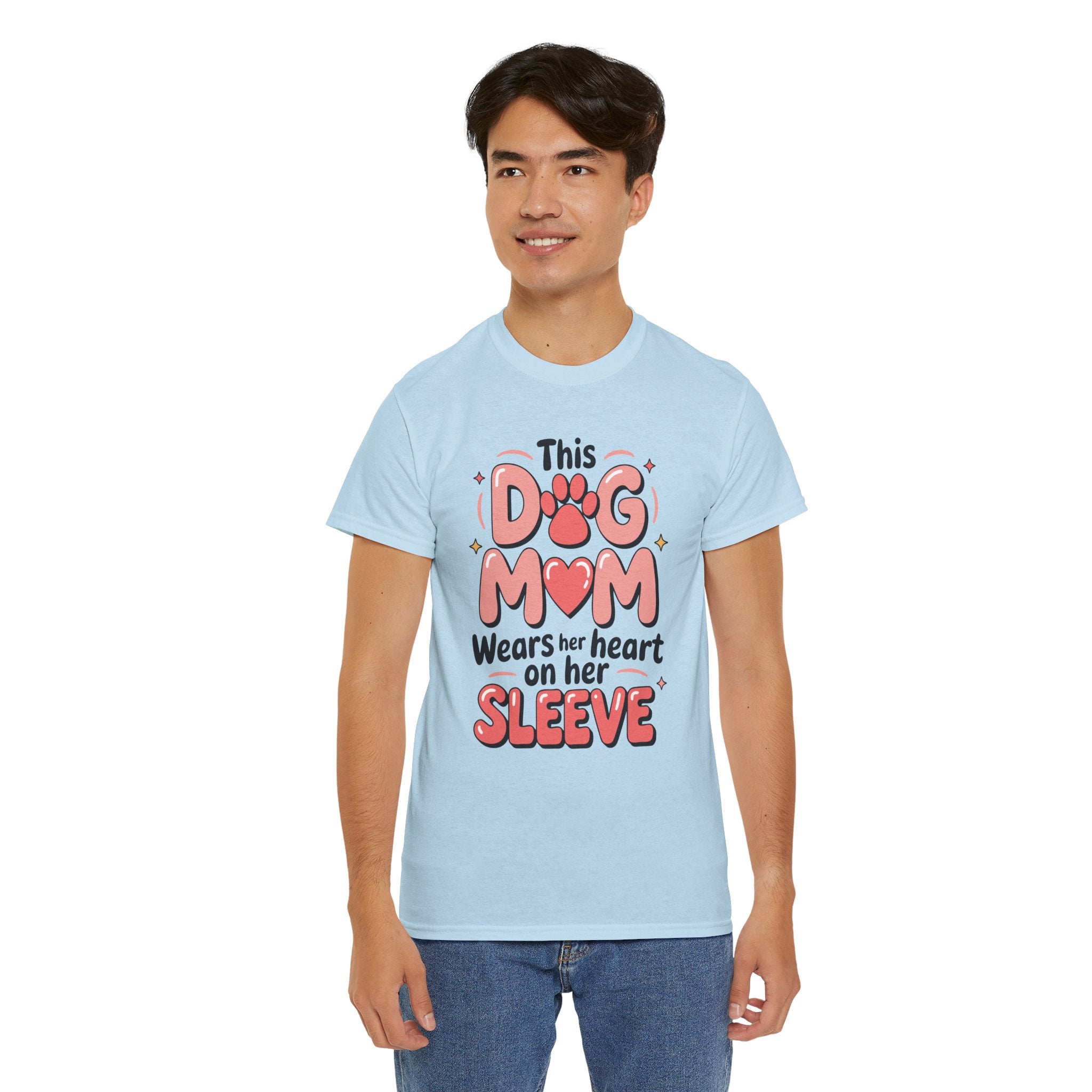 Dog Mom T-Shirt — "This Dog Mom Wears Her Heart on Her Sleeve" Paw & Heart Unisex Cotton Tee