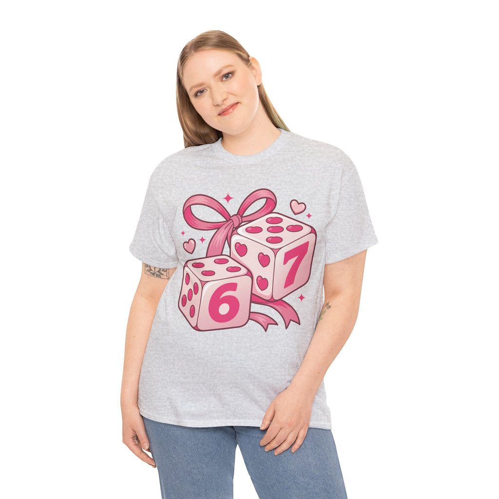 Lucky Love Dice T-Shirt — Pink Heart Dice with Bow..Unisex Cotton Tee