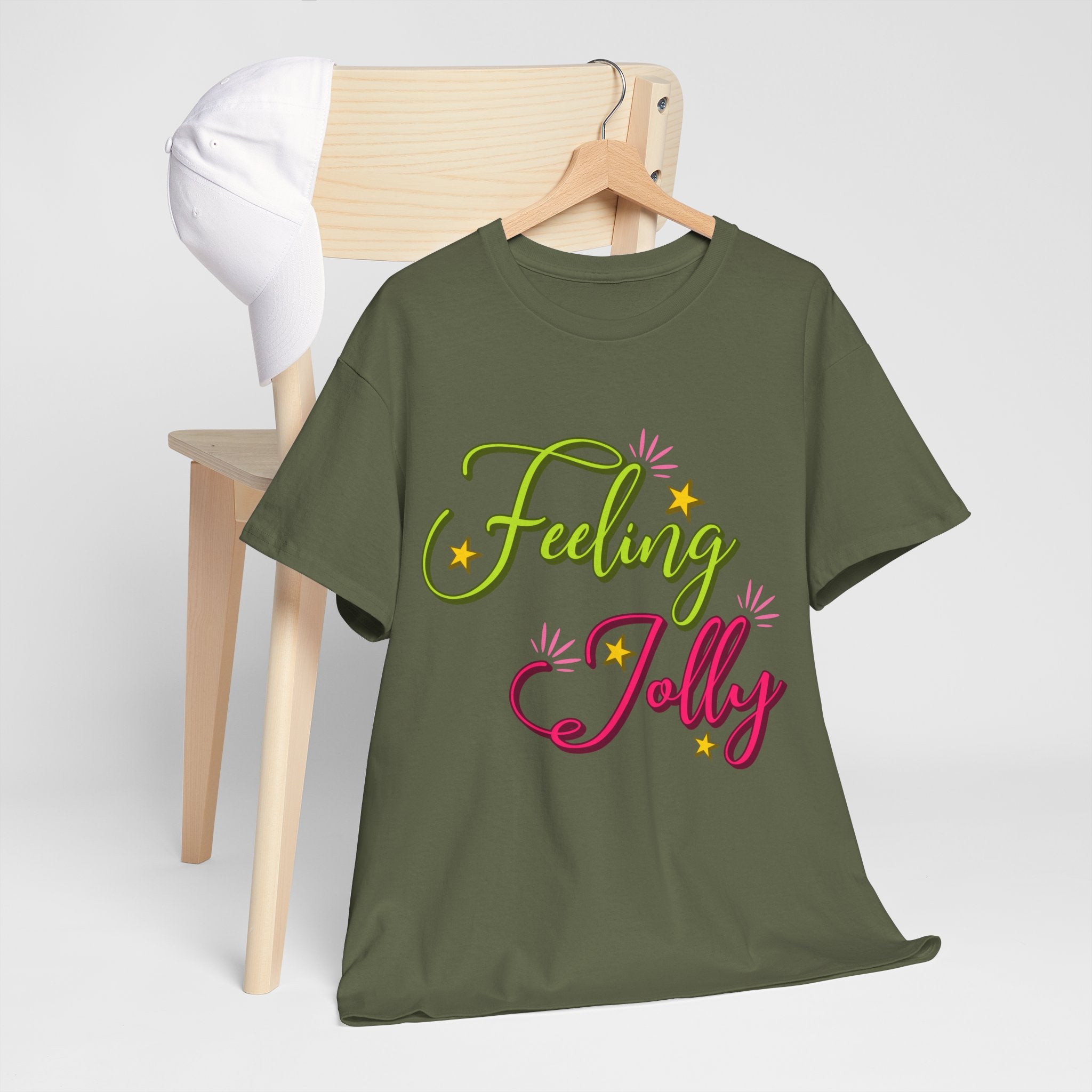 Feeling Jolly Tee — Festive Green & Pink Script with Yellow Stars Unisex Cotton Tee