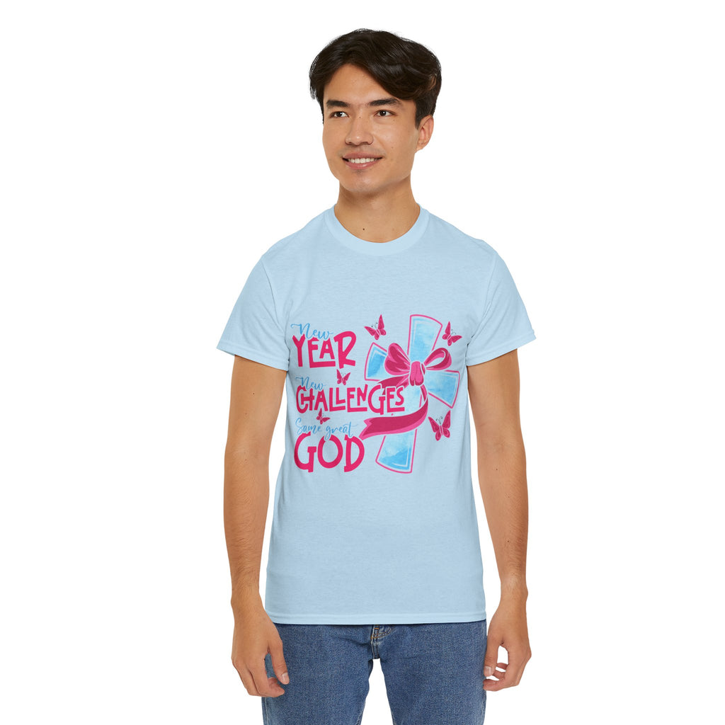 Christian T-Shirt — “New Year, New Challenges, Same Great God” with Pink Bow Cross & Butterflies. Unisex Cotton Tee