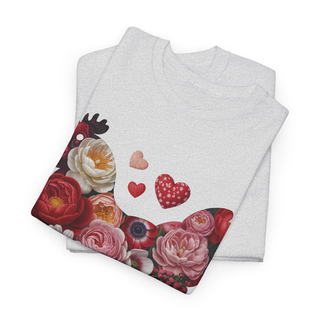 Floral Chicken Heart Tee — Red & Pink Flower Silhouette Unisex Cotton Tee