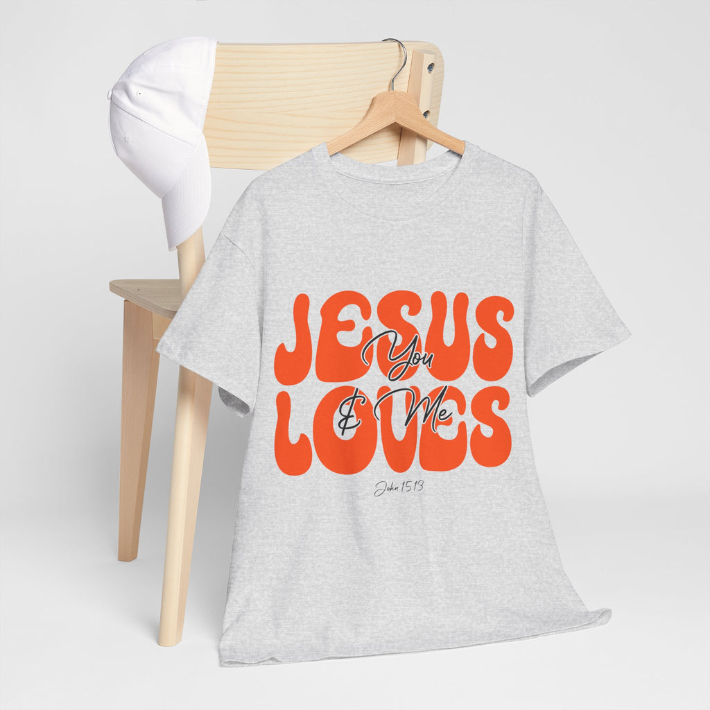 Jesus Loves You & Me Retro Tee — Playful Orange Bubbly Christian Unisex Cotton T-Shirt