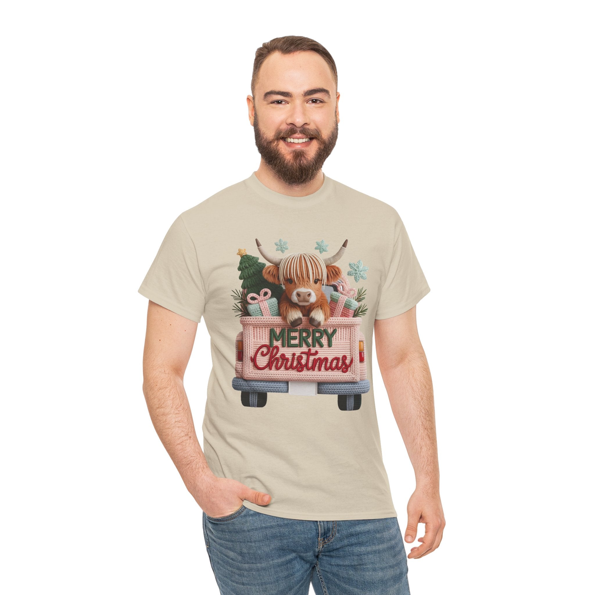 Merry Christmas Highland Cow Knit Truck Unisex Cotton T-Shirt