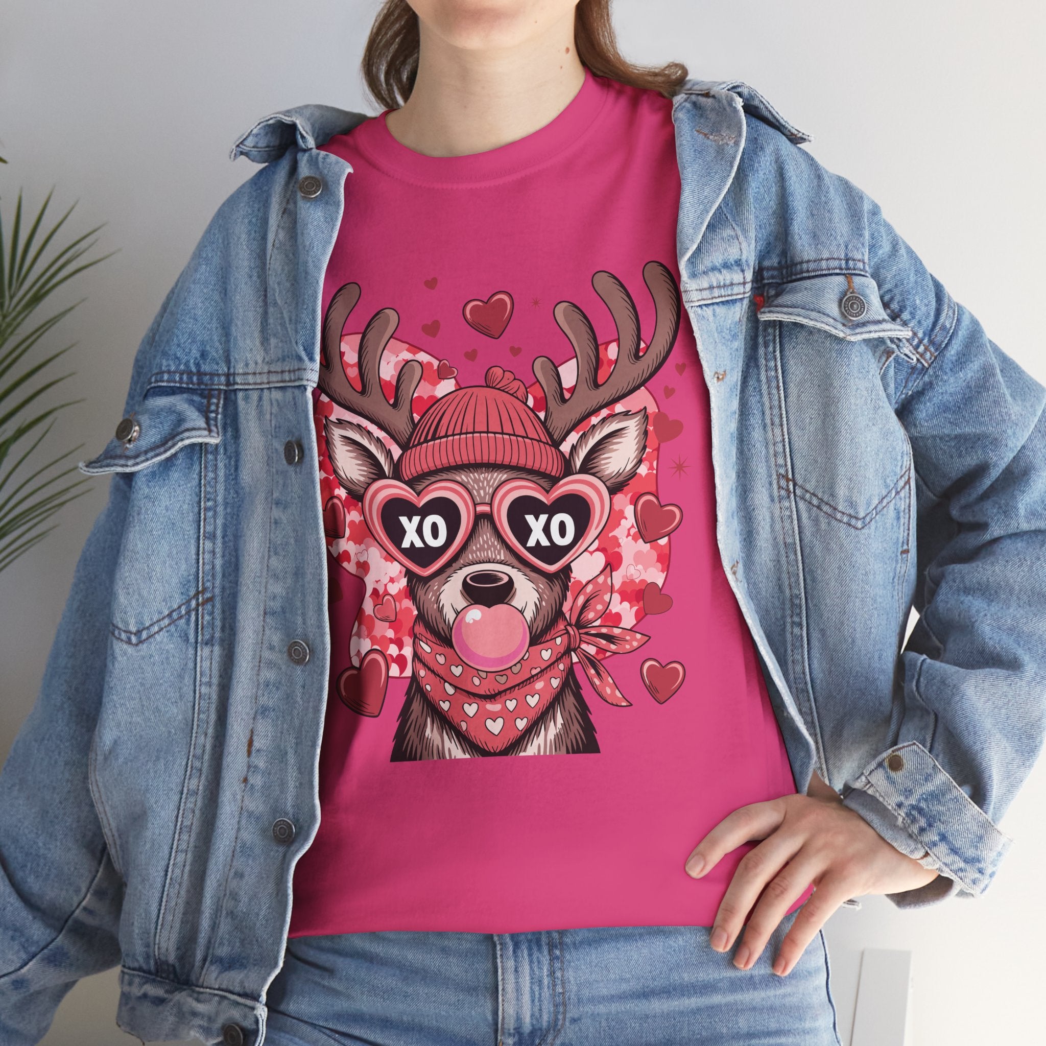 Valentine Deer Tee — Cute XO Heart Glasses, Beanie & Scarf Unisex Cotton Tshirt