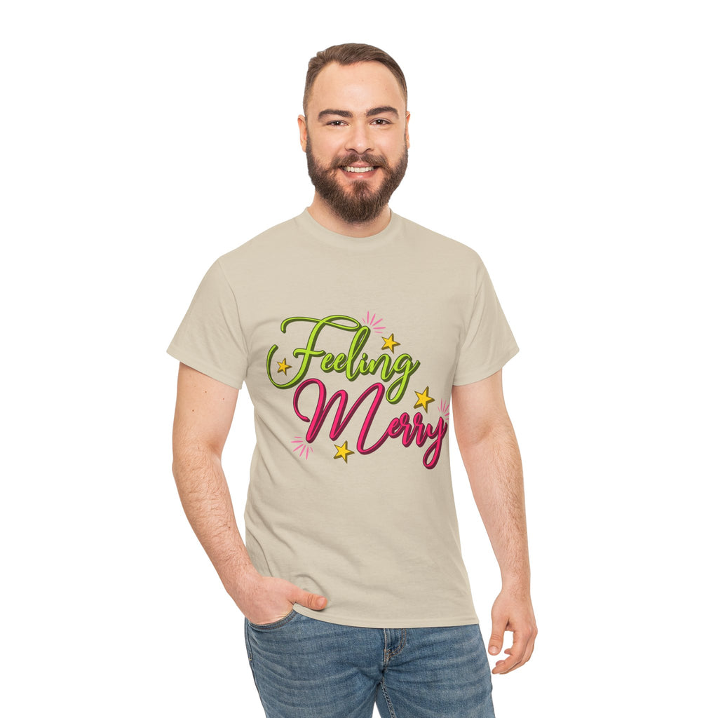 Feeling Merry T-Shirt — Bright Green & Pink Holiday Tee with Stars.Unisex Cotton Tee