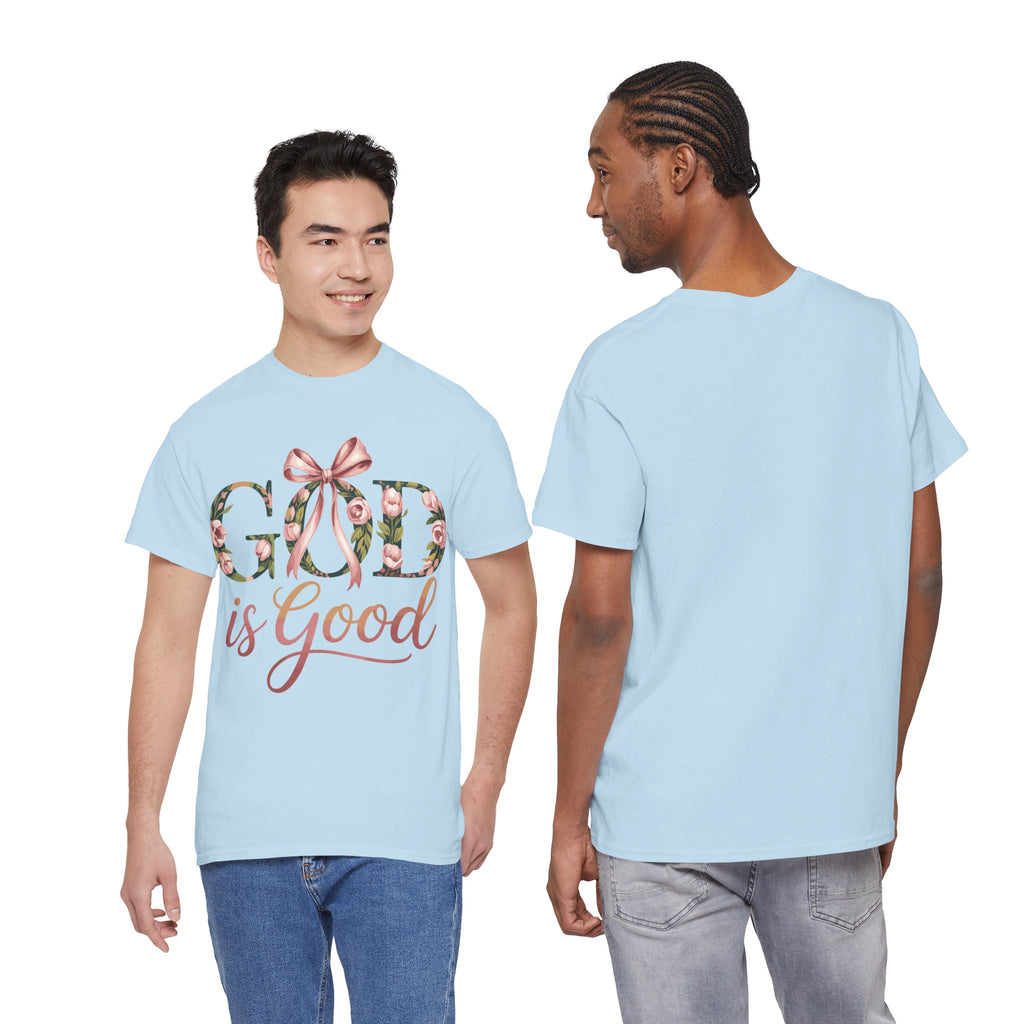 God Is Good Pink Rose Tee — Floral Ribbon Faith Unisex Cotton T-Shirt