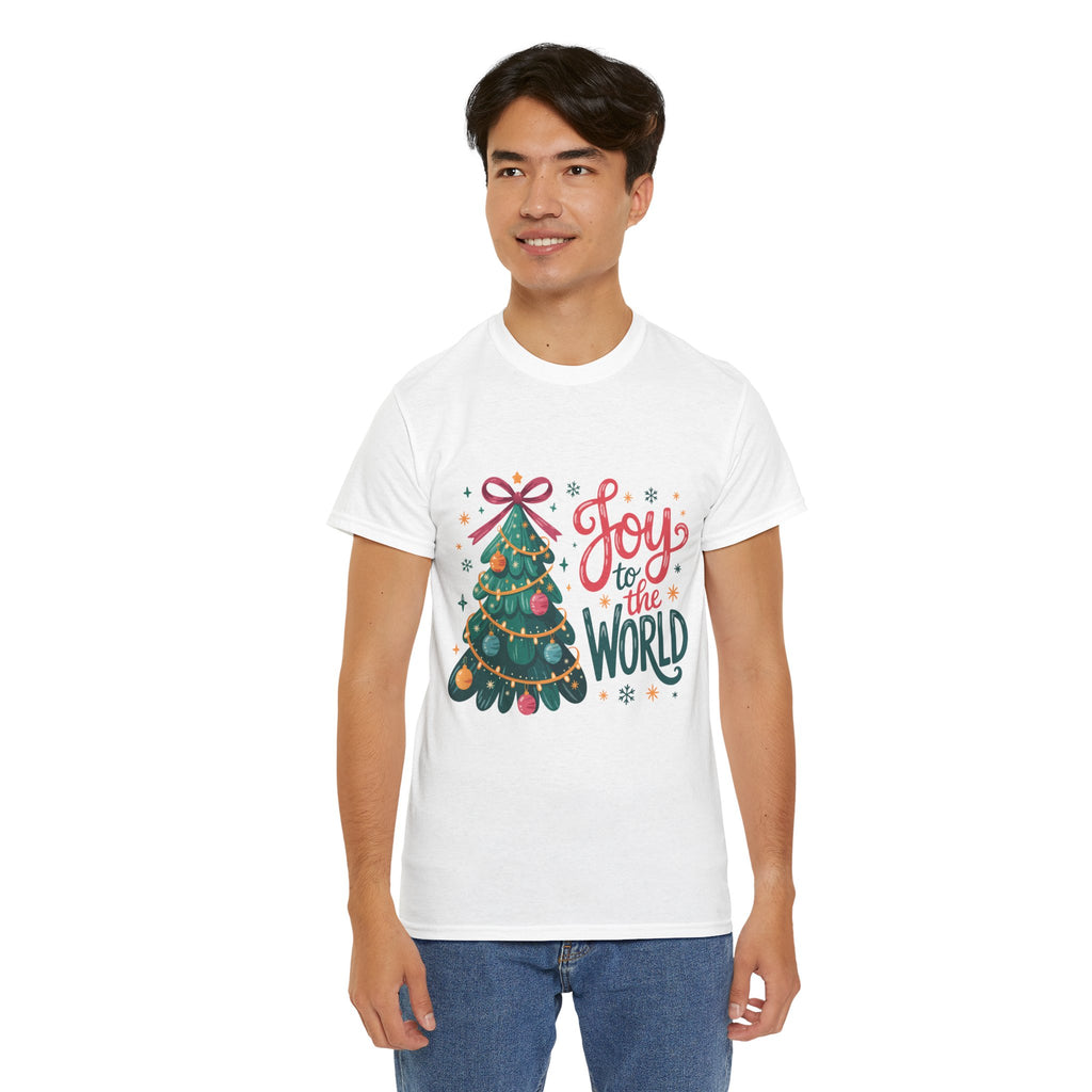 Joy to the World Christmas Tee — Festive Tree with Pink Bow..Unisex Cotton Tee