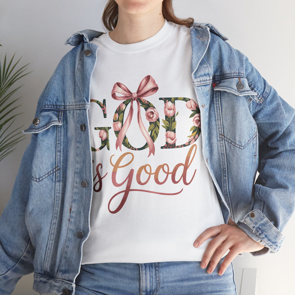 God Is Good Pink Rose Tee — Floral Ribbon Faith Unisex Cotton T-Shirt