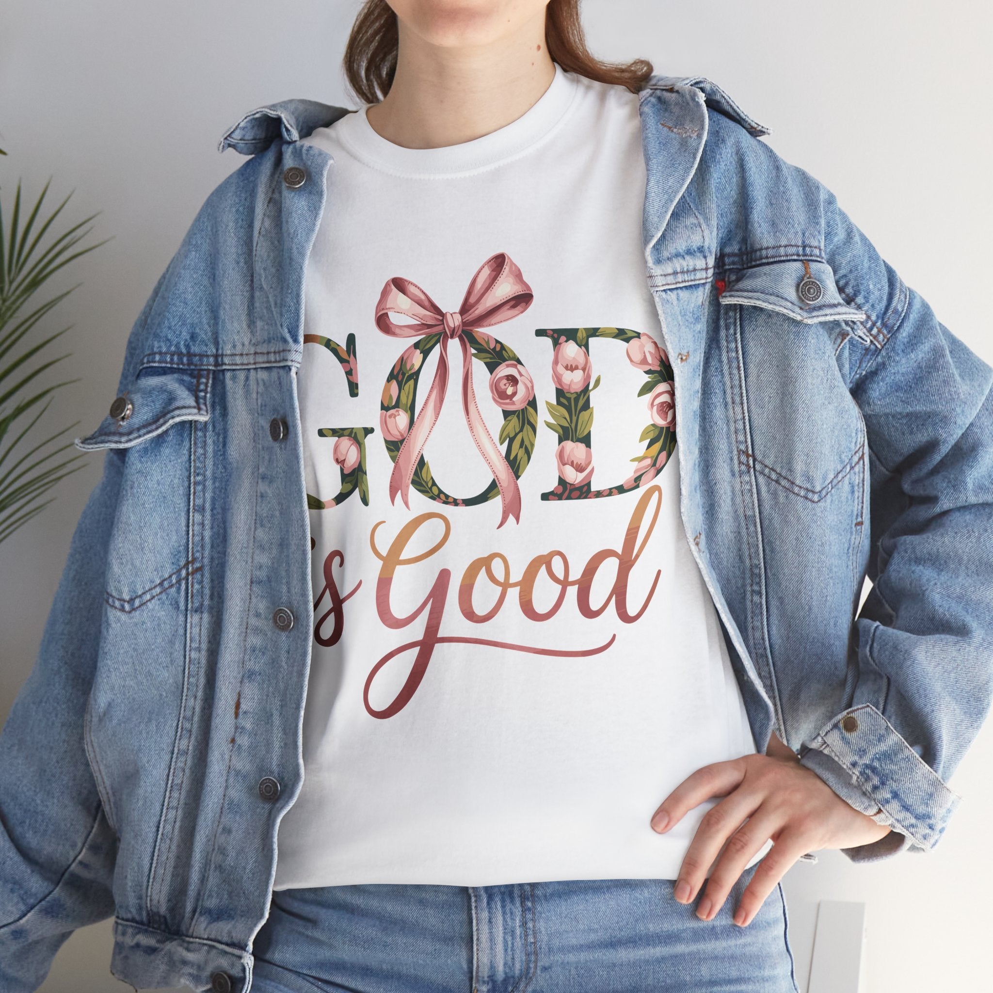 God Is Good Pink Rose Tee — Floral Ribbon Faith Unisex Cotton T-Shirt