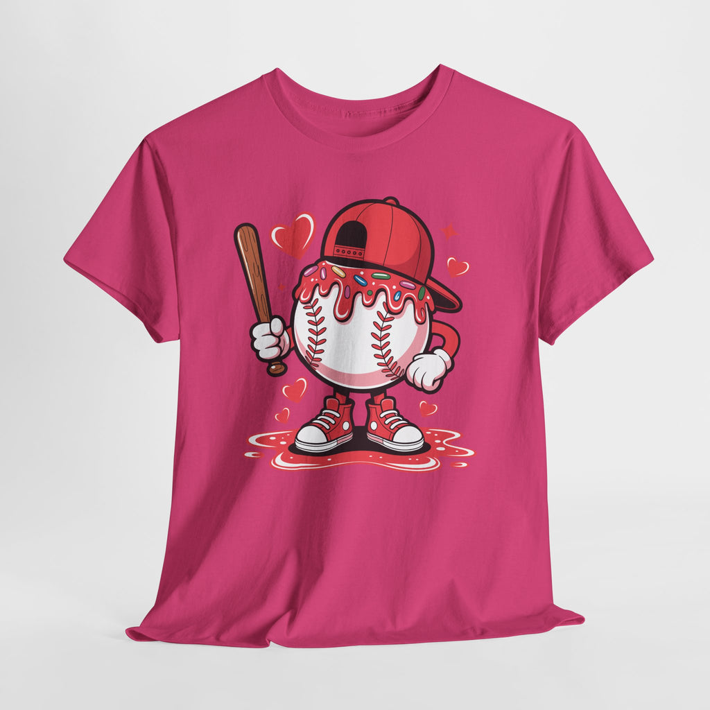 Cute Baseball Character T-Shirt — Red Cap & Icing Top Graphic with Hearts Unisex Cotton Tee