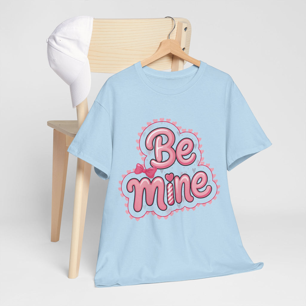 Be Mine Valentine T-Shirt — Pink Bubble Letters with Hearts & Bow..Unisex Cotton Tee