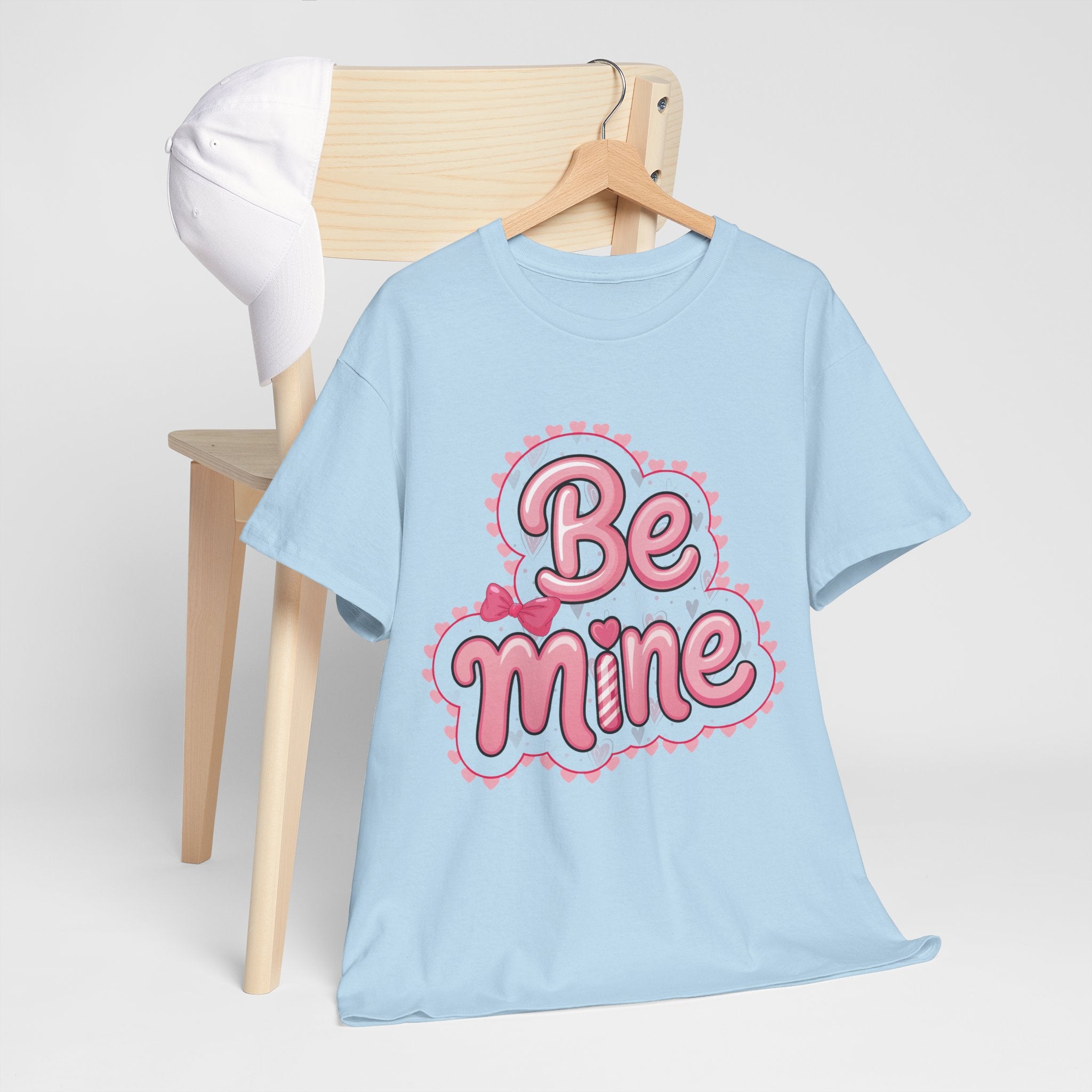 Be Mine Valentine T-Shirt — Pink Bubble Letters with Hearts & Bow..Unisex Cotton Tee