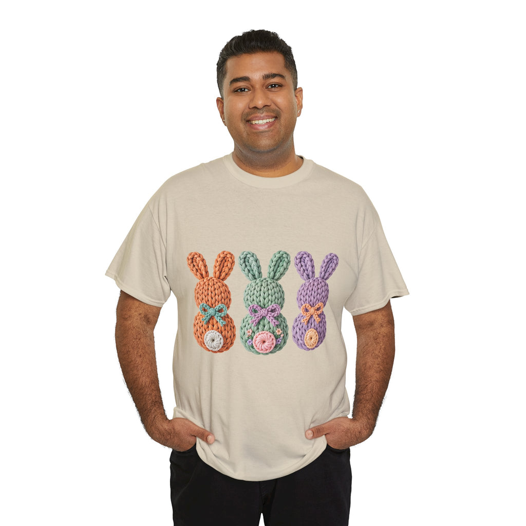 Pastel Crochet Bunny Tee — Trio of Faux Knit Bunnies with Bows & Flowers Unisex Cotton Tee