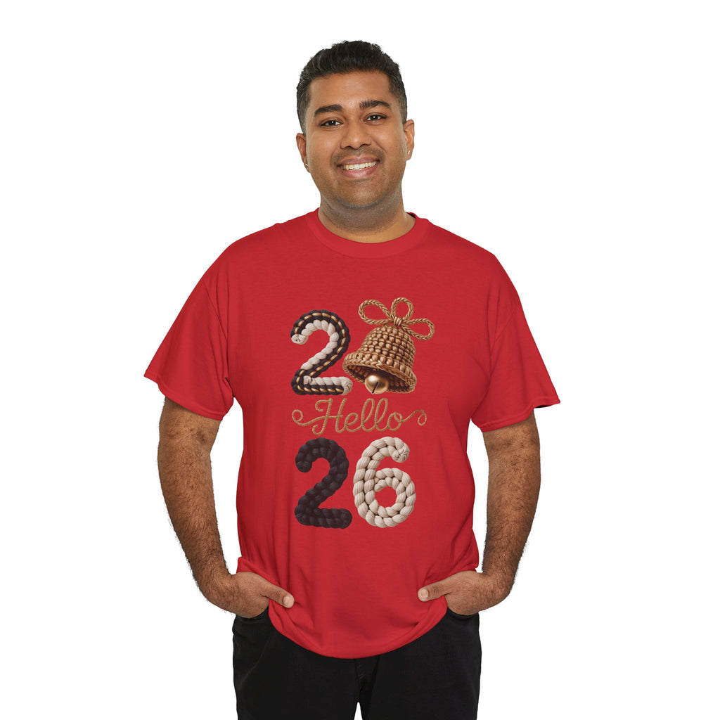 Hello 2026 Tee — Cozy Faux Yarn Braided Numbers with Woven Golden Bell..Unisex Cotton Tee