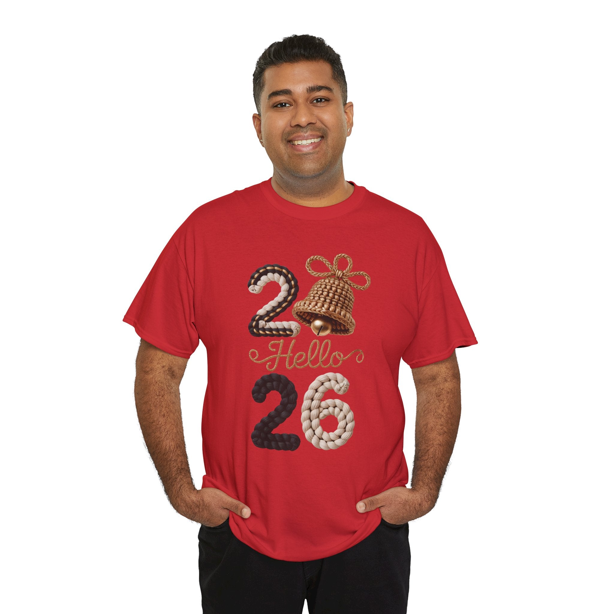 Hello 2026 Tee — Cozy Faux Yarn Braided Numbers with Woven Golden Bell..Unisex Cotton Tee