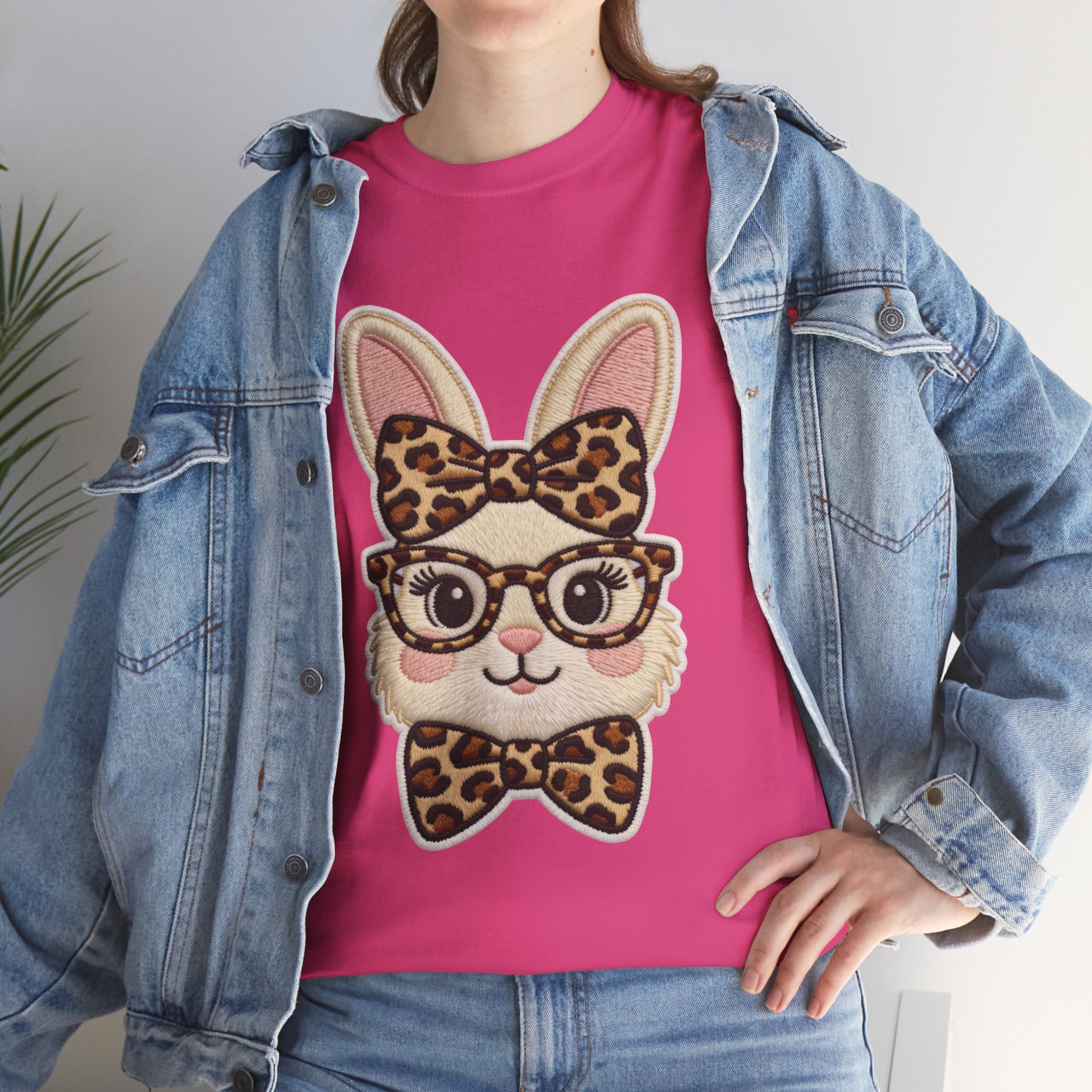 Leopard Bow Bunny Embroidered Tee — Cute Bunny Face with Glasses Patch Unisex Cotton Tee