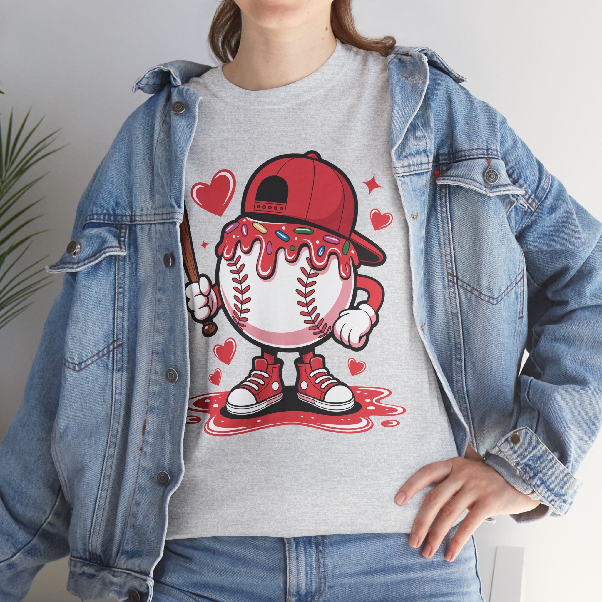 Cute Baseball Character T-Shirt — Red Cap & Icing Top Graphic with Hearts Unisex Cotton Tee